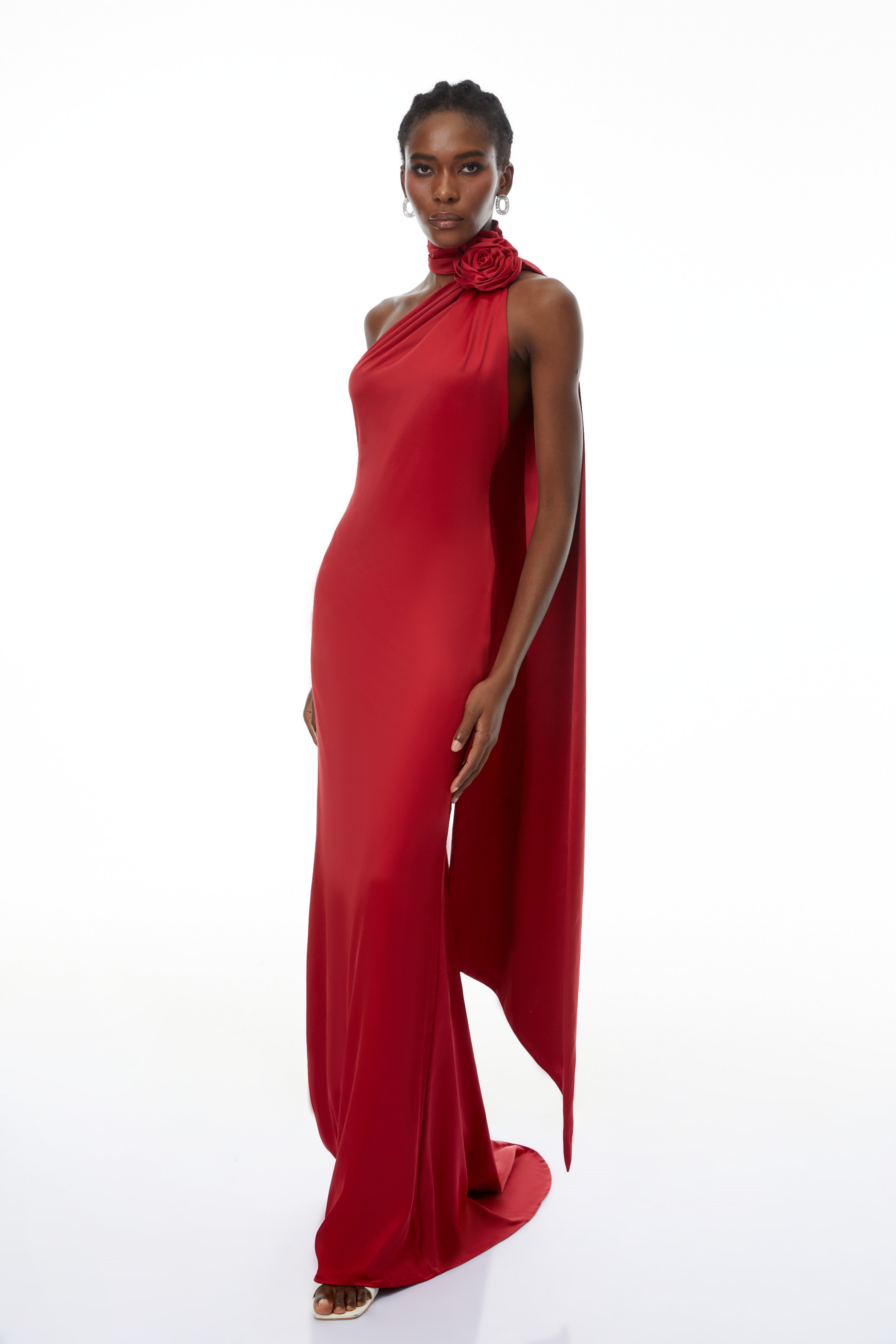 Frederica Red Halterneck 3D Petal Maxi Dress