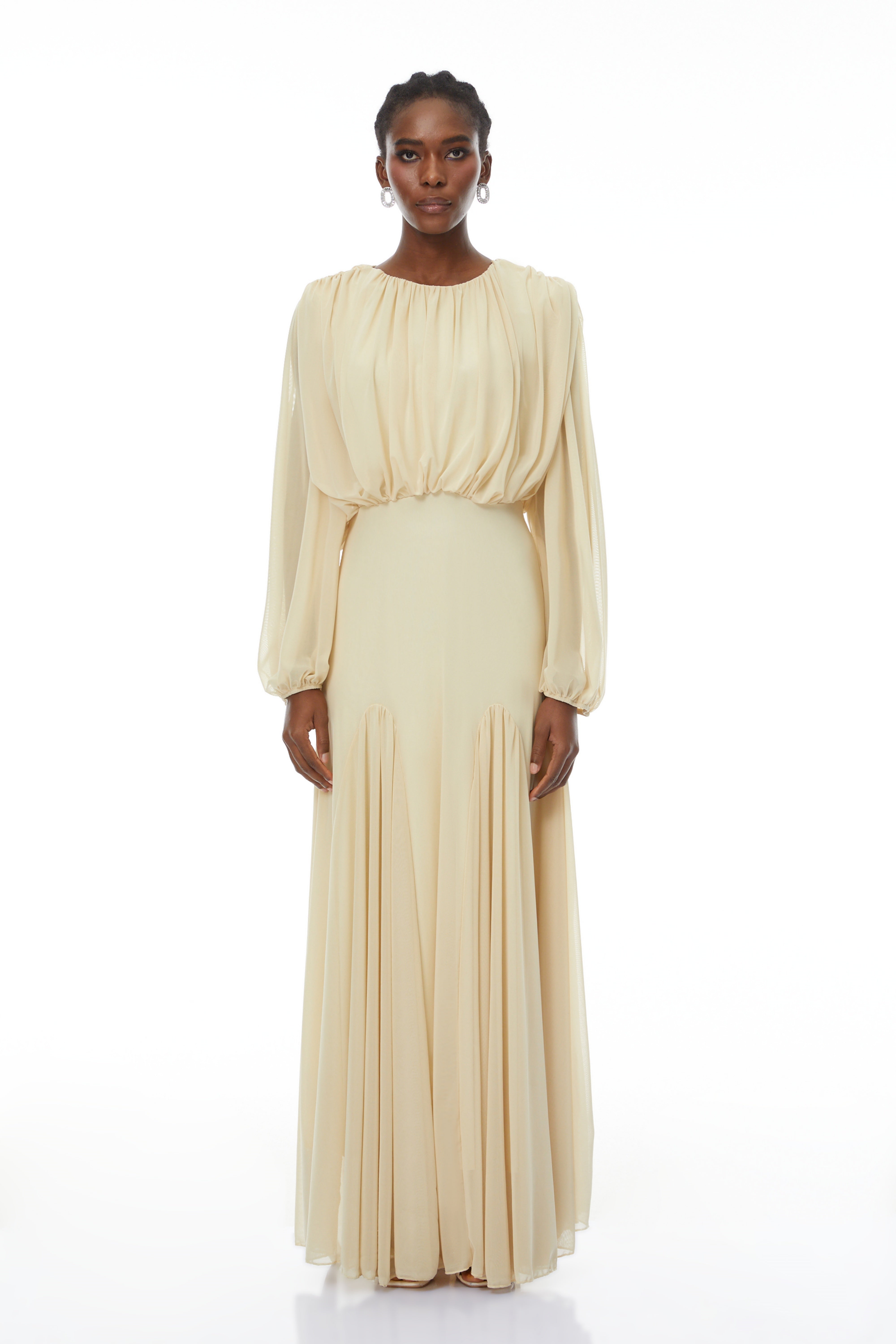 Annabelle Yellow Lantern Sleeve Pleated Maxi Dress