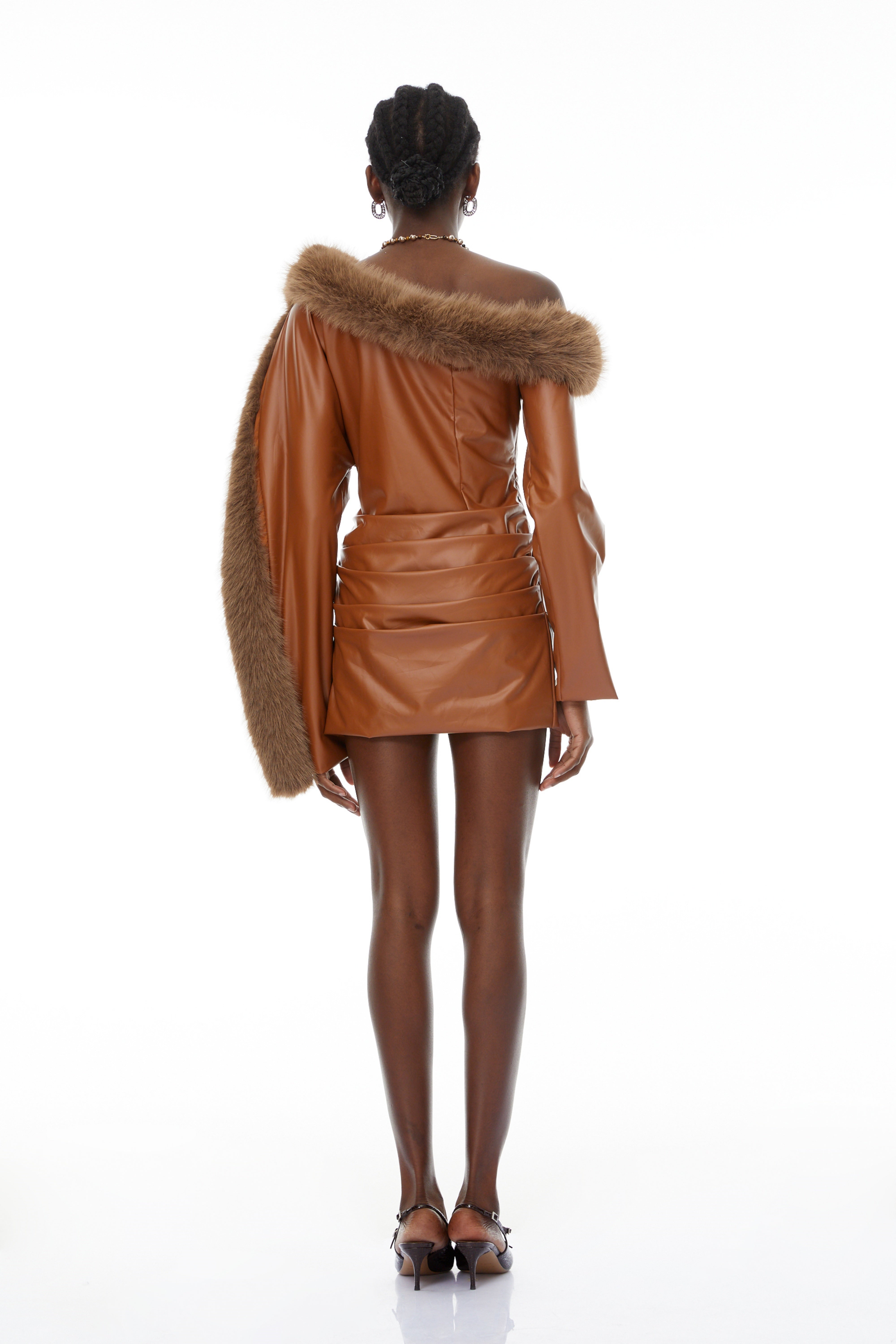 Natividad Brown Fur Trim Leather Mini Dress