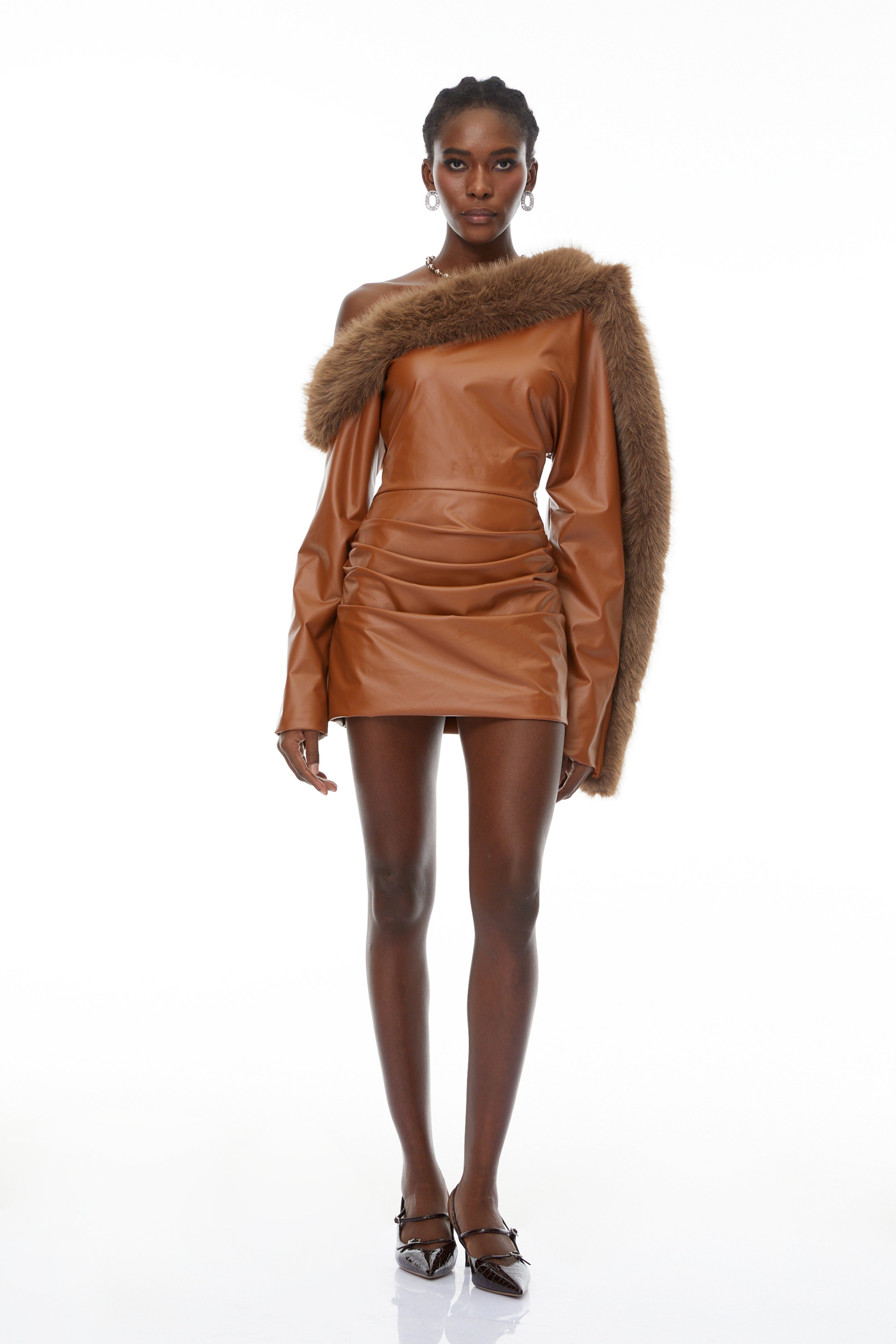 Natividad Brown Fur Trim Leather Mini Dress