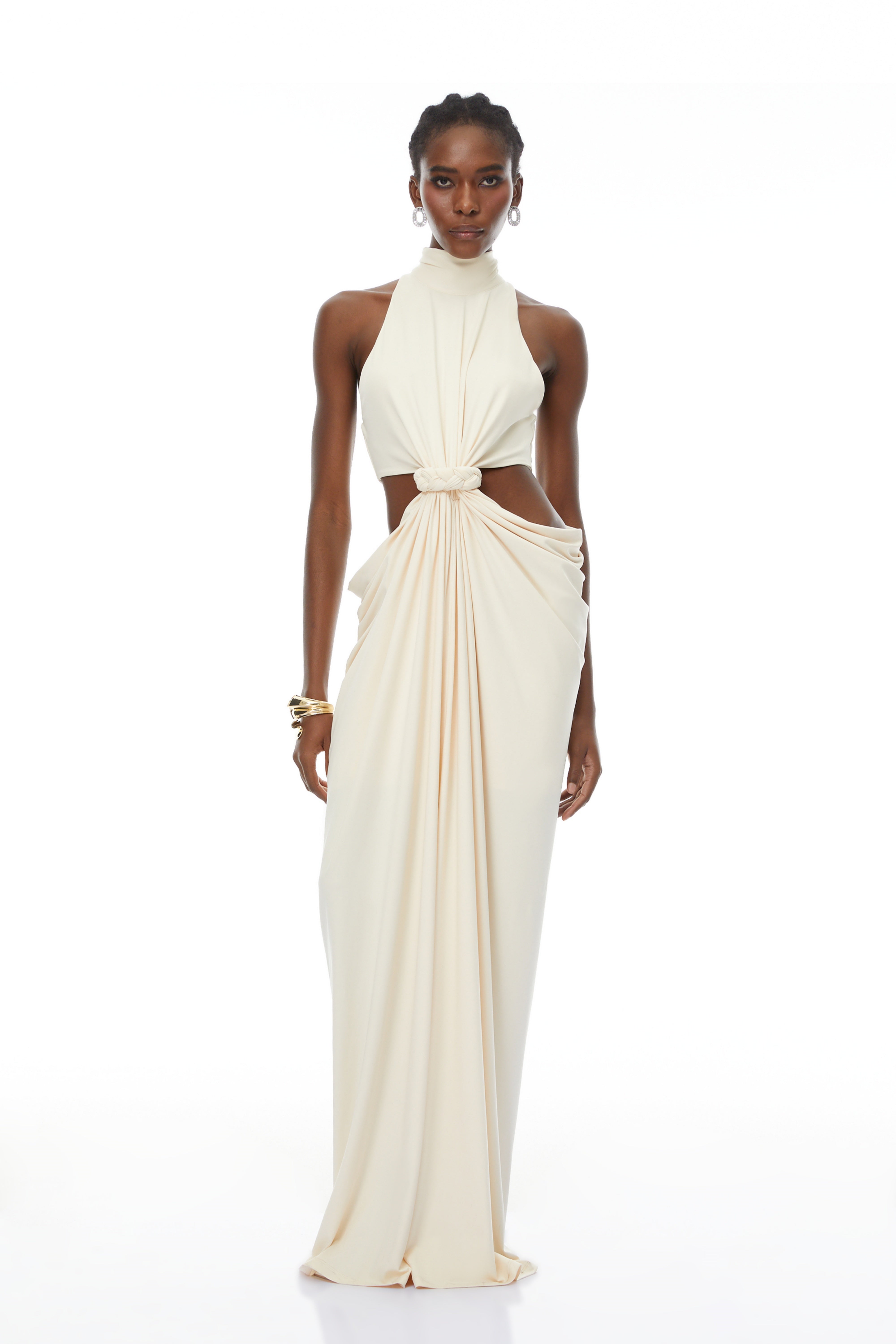 Joaquín Neutral Braid Detail Ruched Dress Maxi