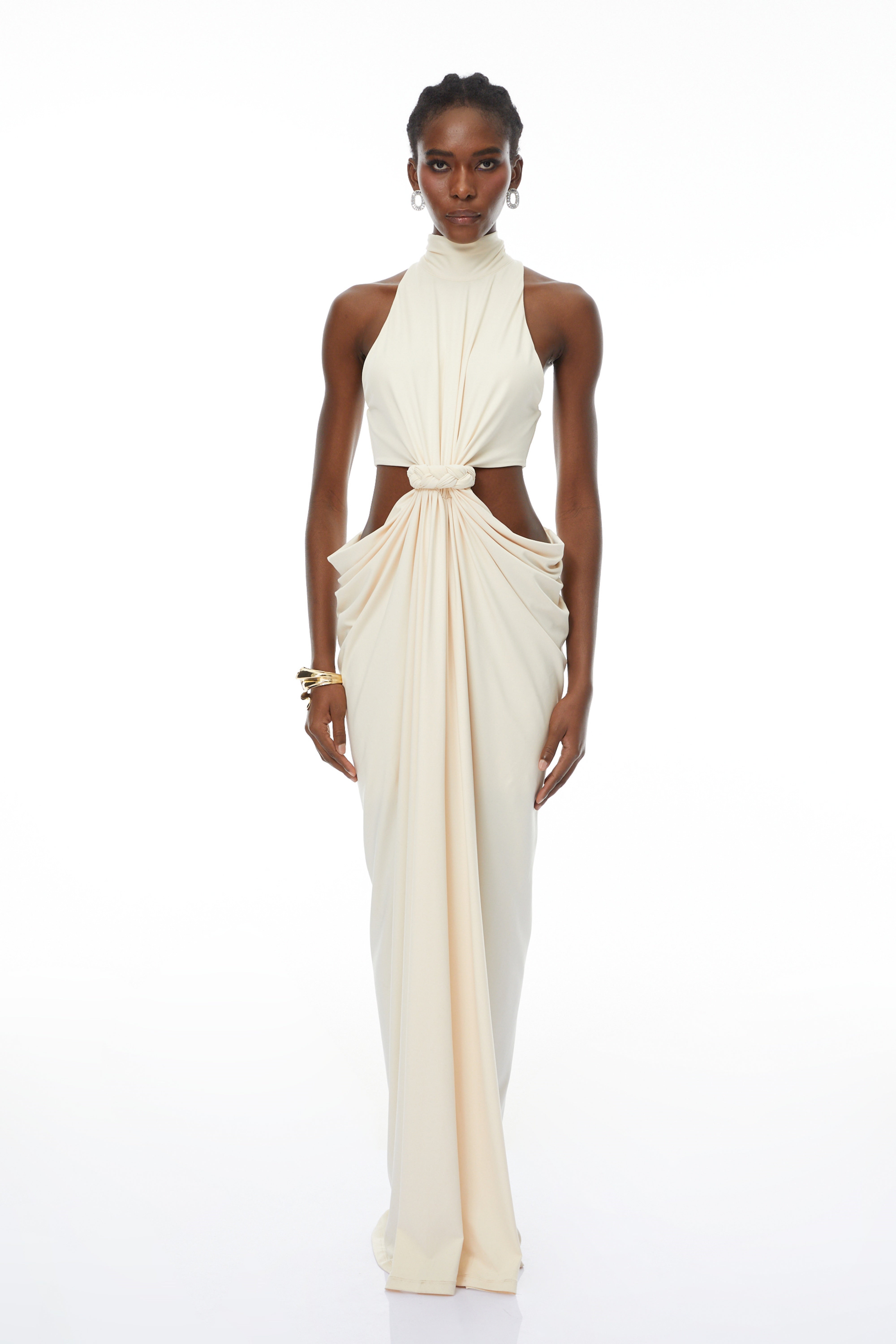 Joaquín Neutral Braid Detail Ruched Dress Maxi