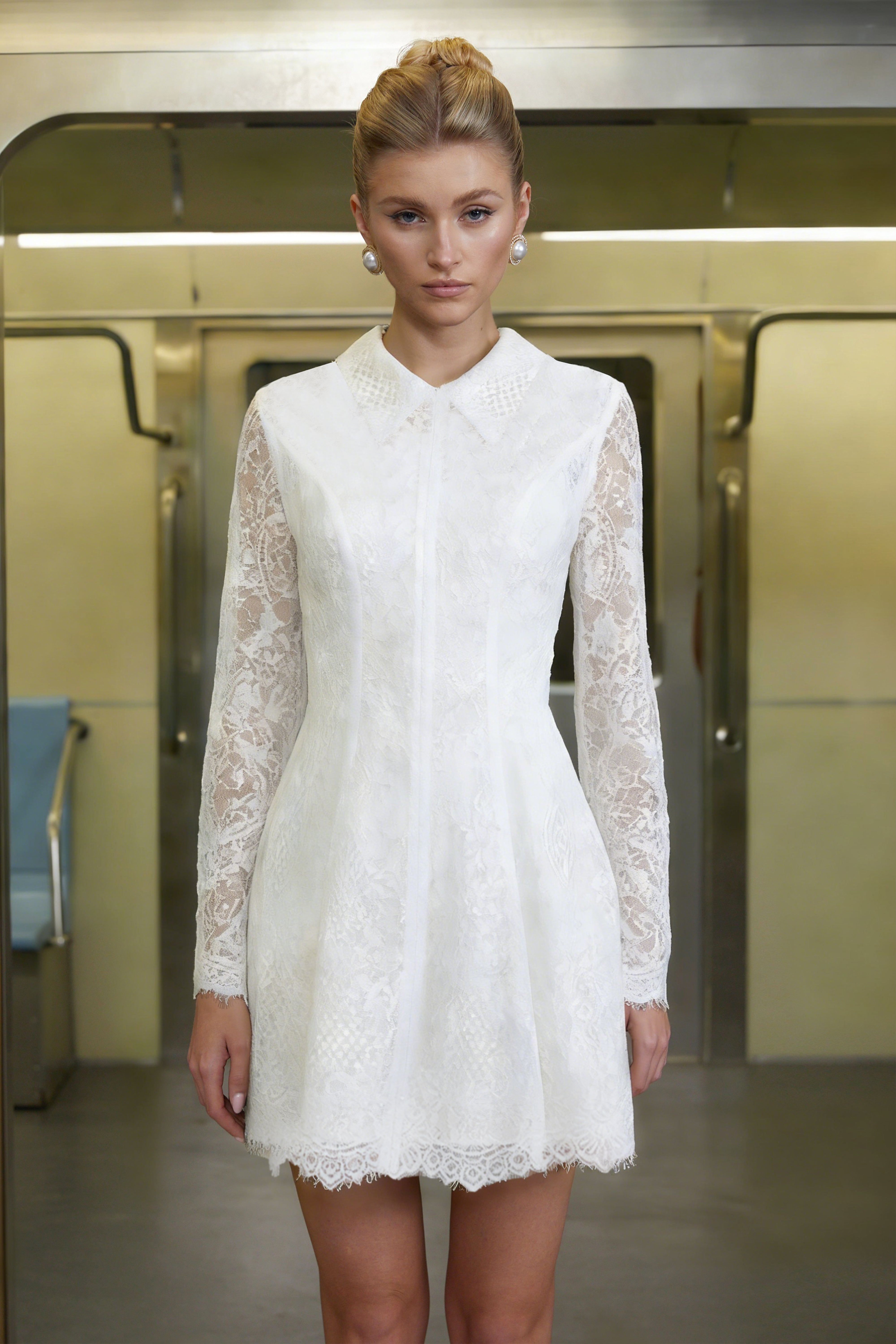 Aleksandra White Sequin Floral Lace Mini Dress