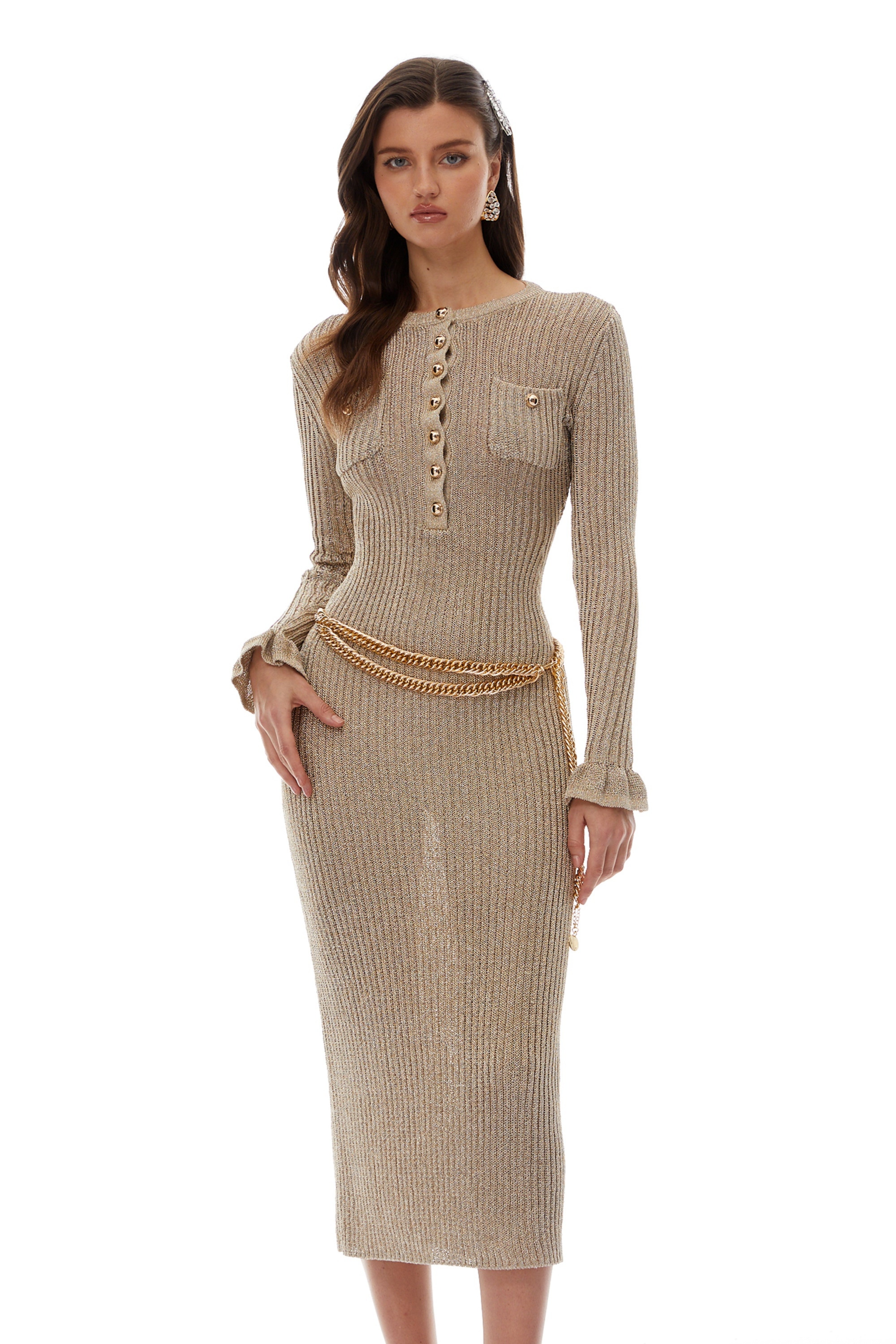 Steinunn Gold Chain Tie Ribbed Knit Midi Dress