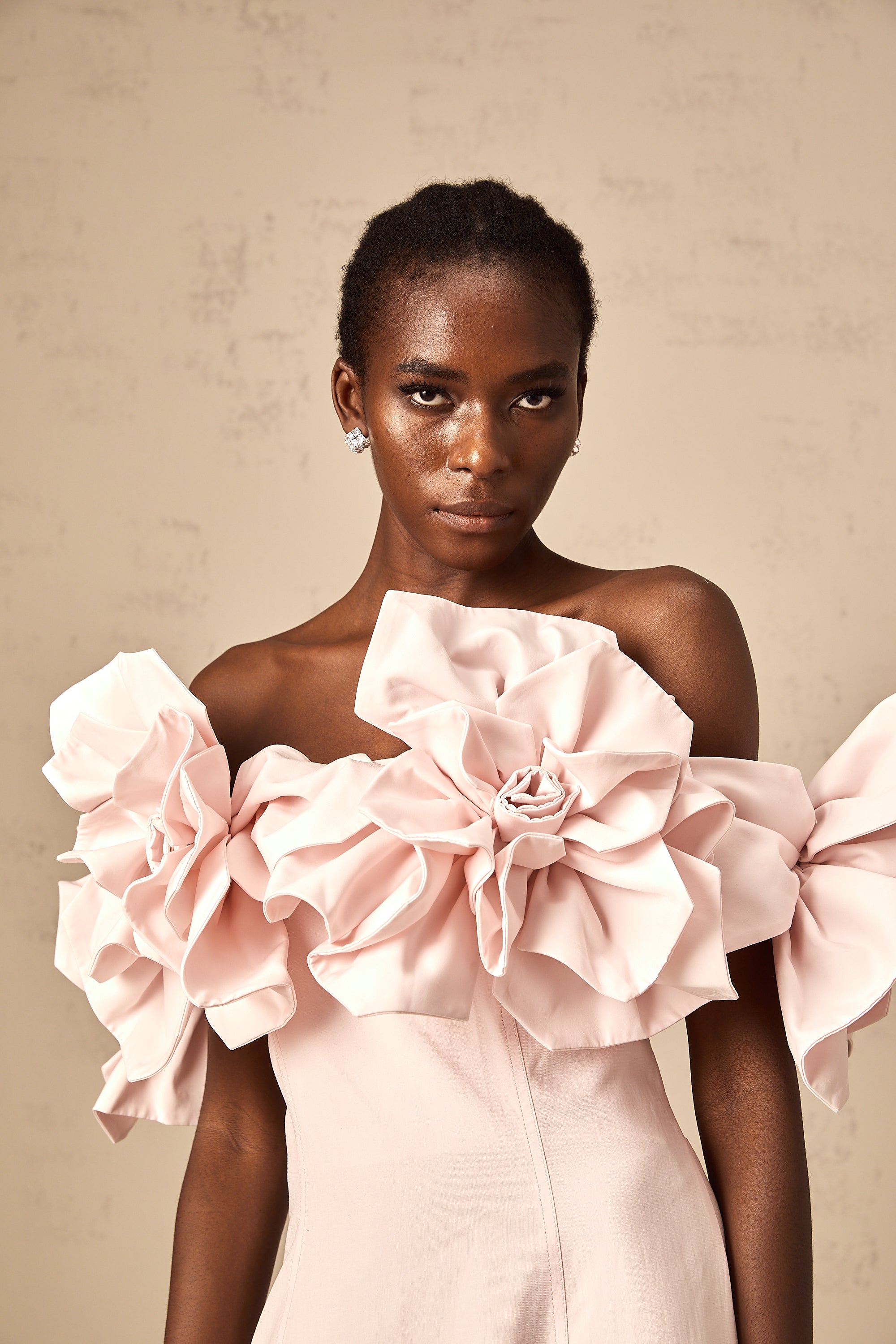 Juliette pink off-shoulder 3D-petal midi dress