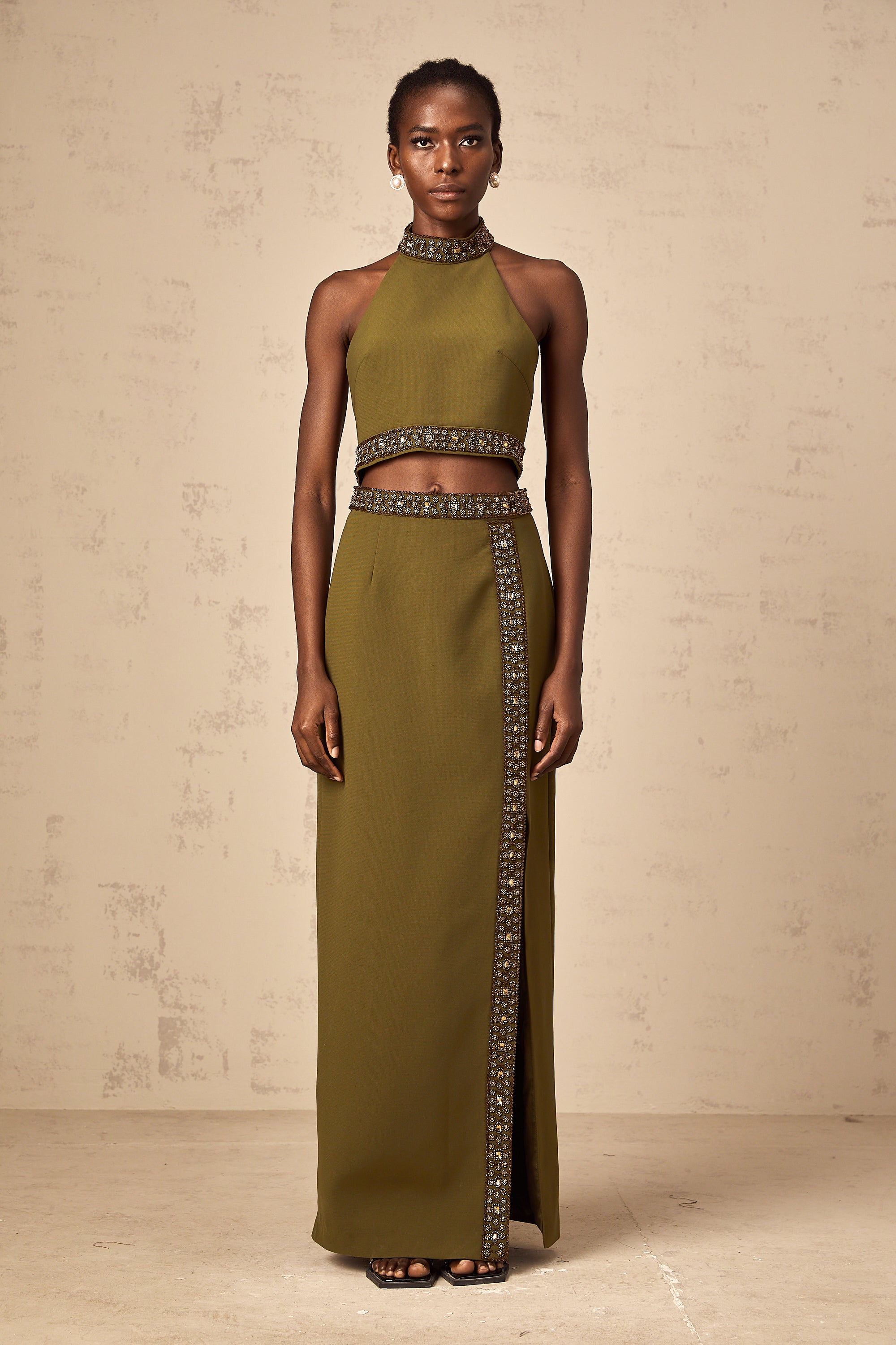 Daisy green beaded-trim top & skirt matching set