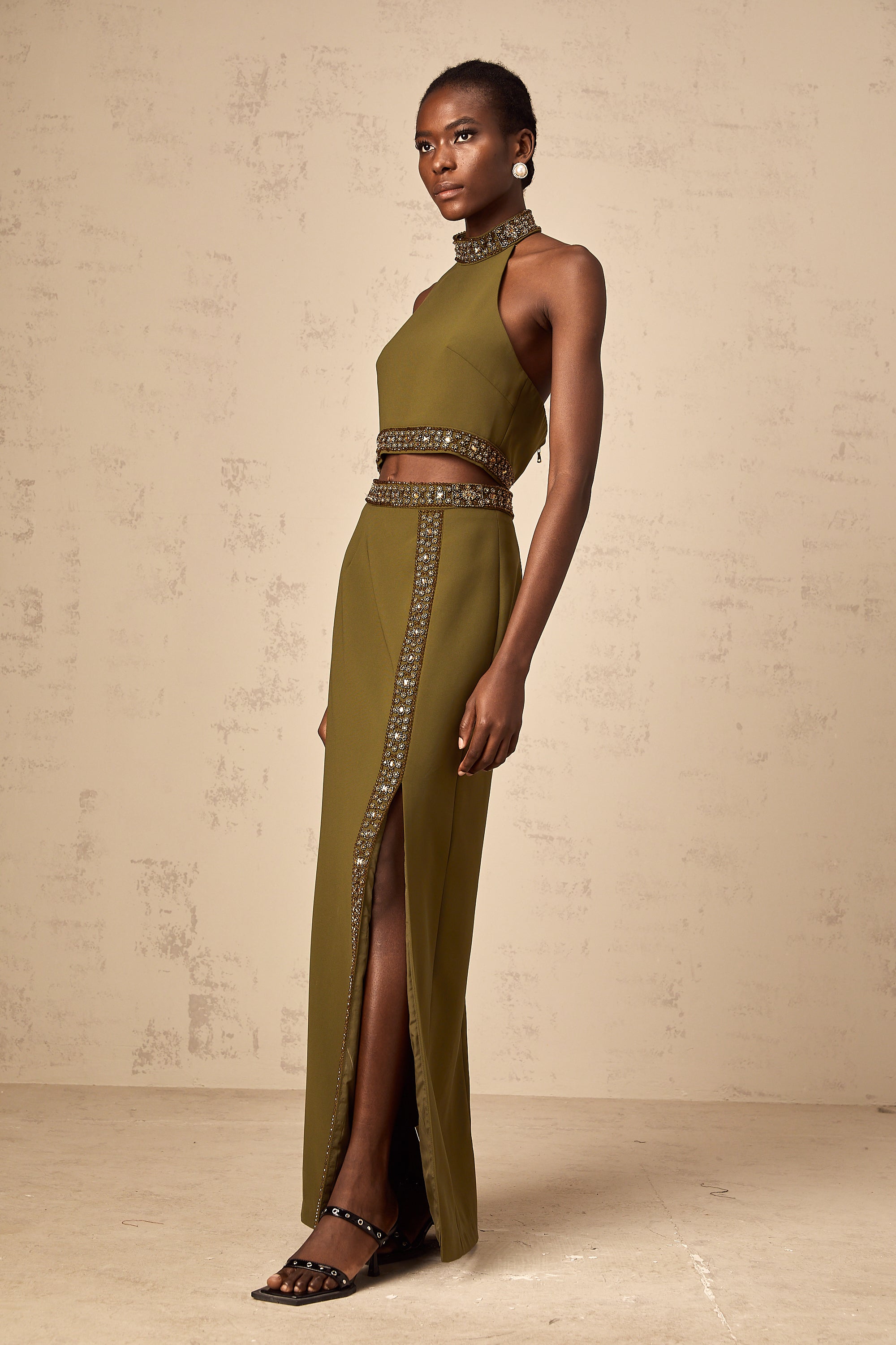 Daisy green beaded-trim top & skirt matching set