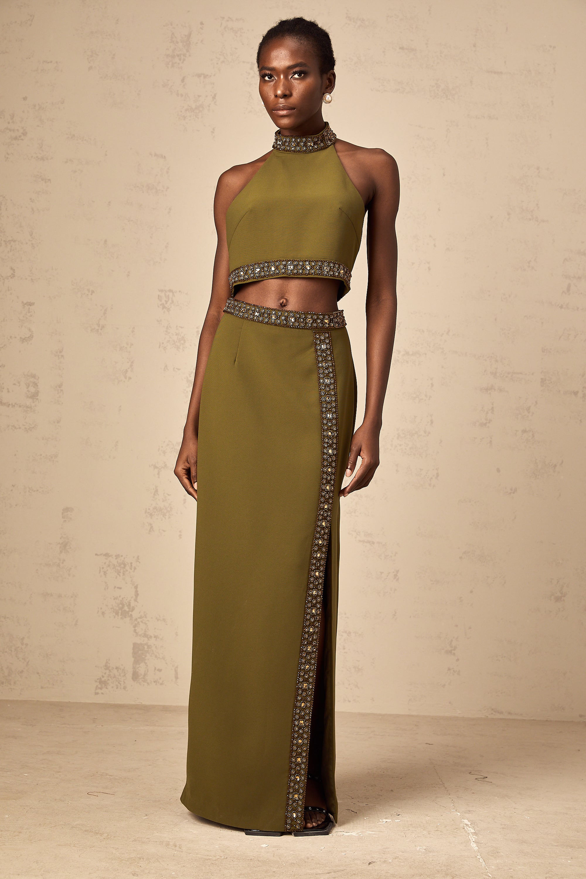 Daisy green beaded-trim top & skirt matching set