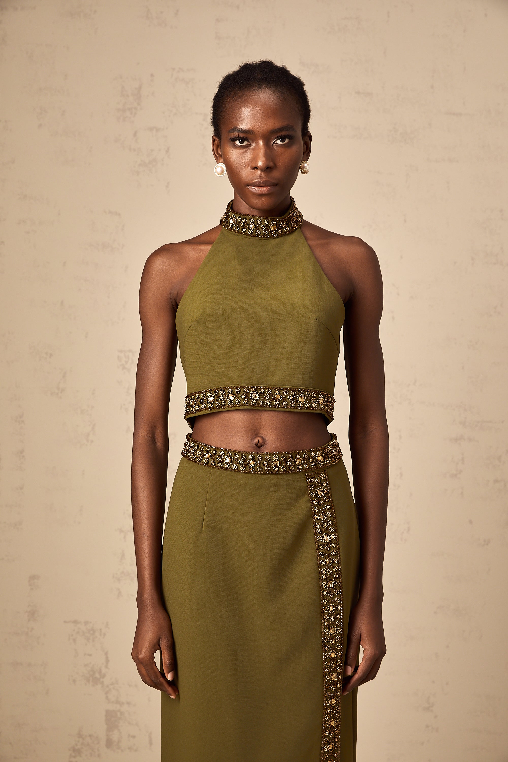 Daisy green beaded-trim top & skirt matching set