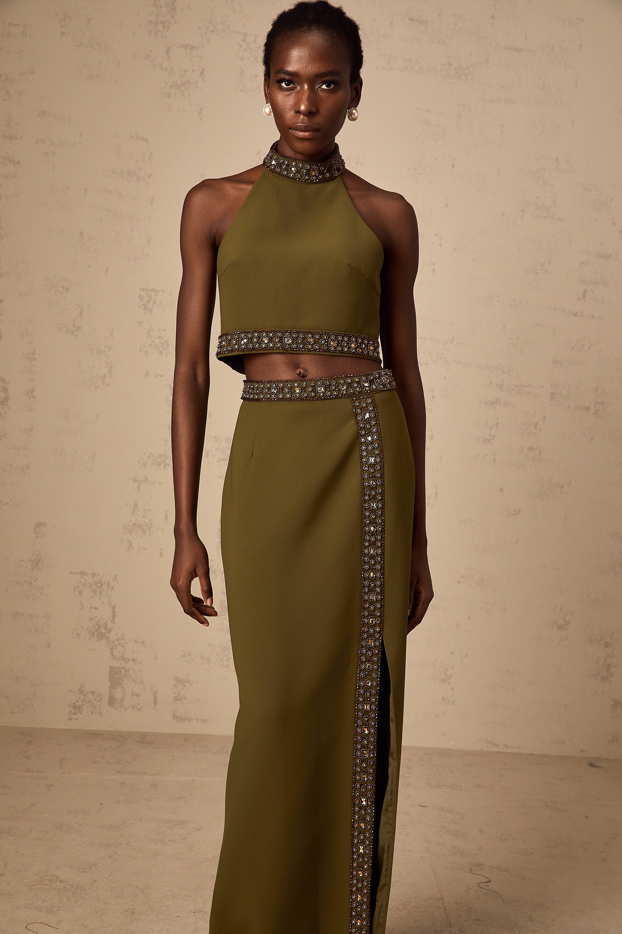 Daisy green beaded-trim top & skirt matching set