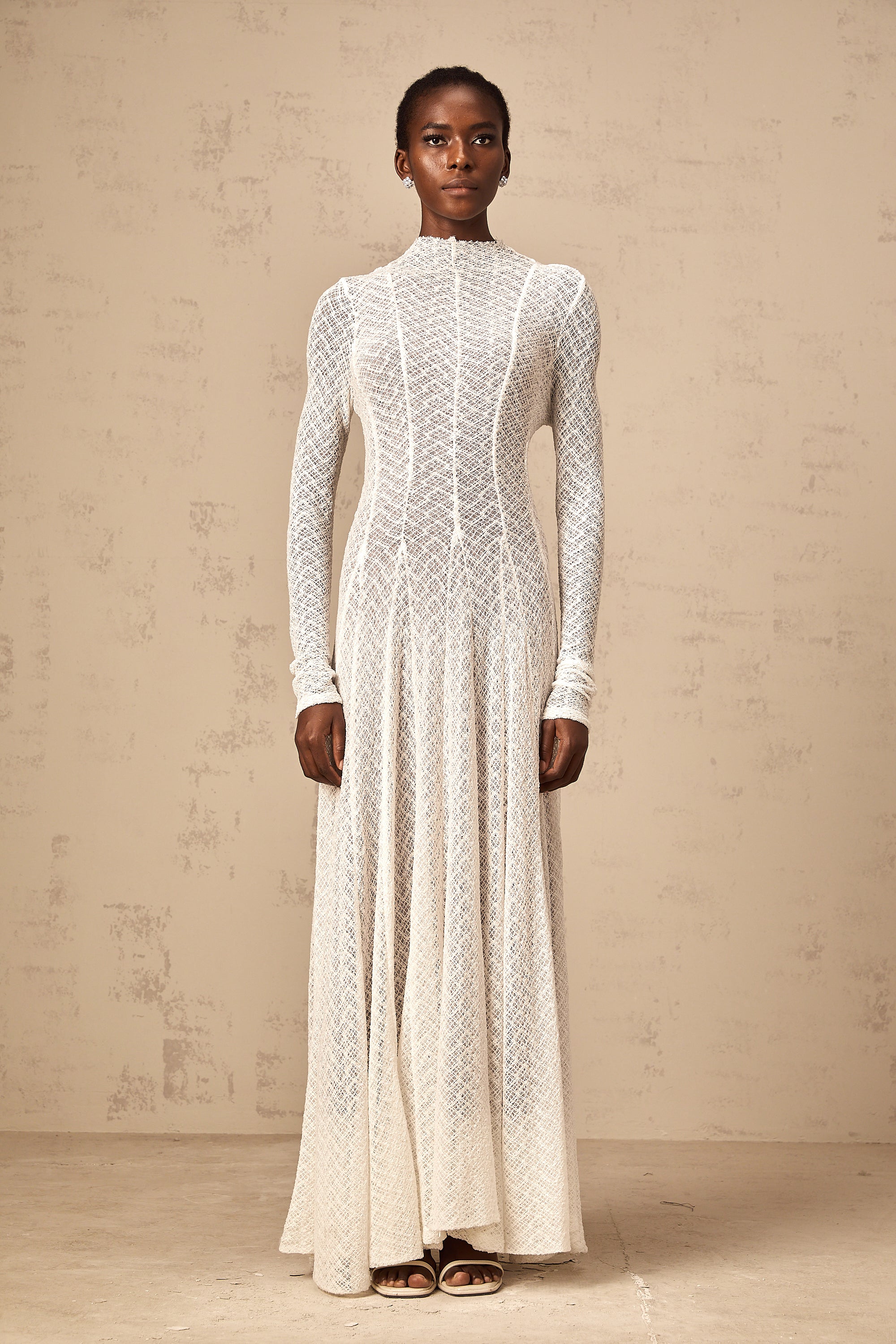 Athena wavy-pattern lace maxi dress in White