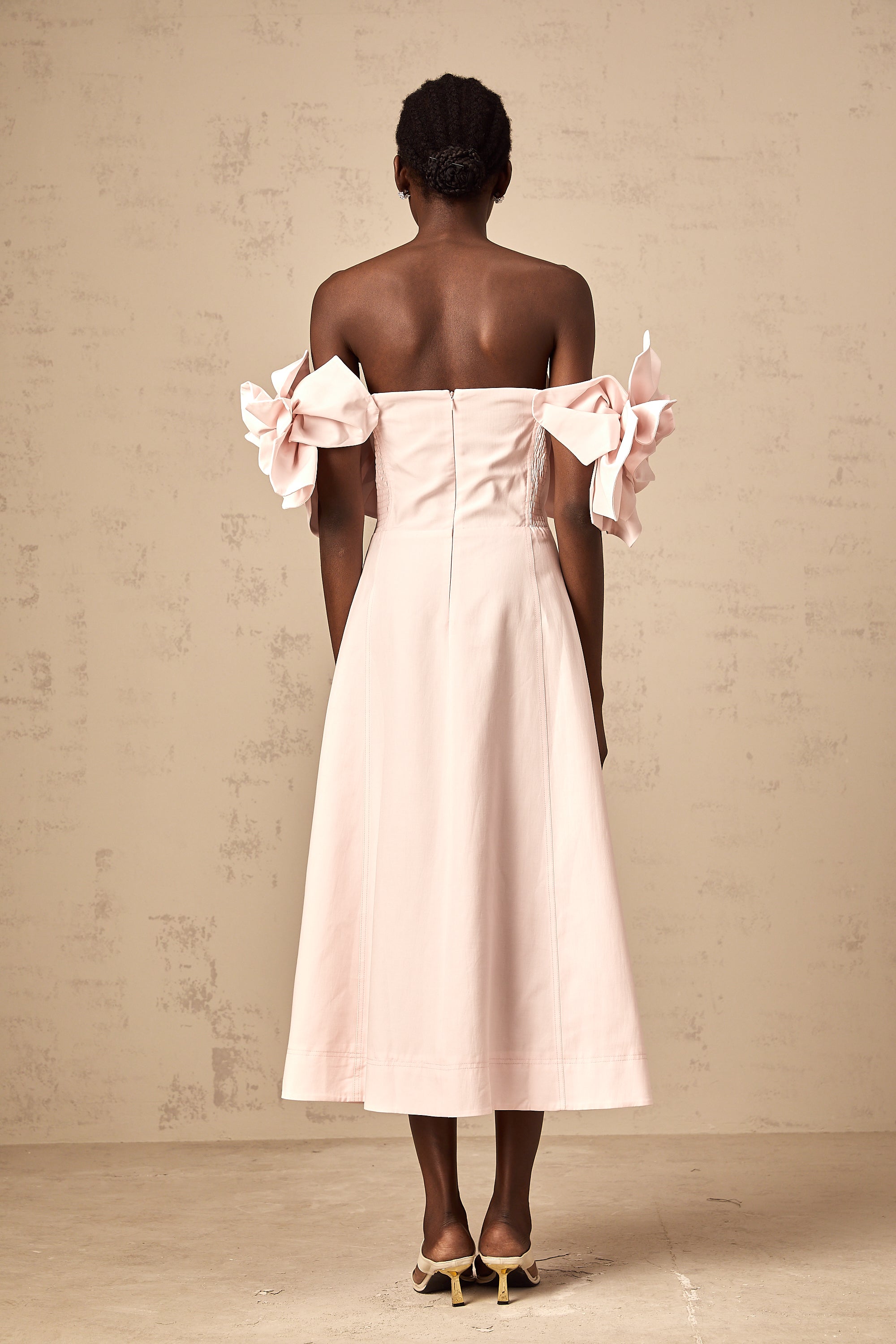 Juliette pink off-shoulder 3D-petal midi dress