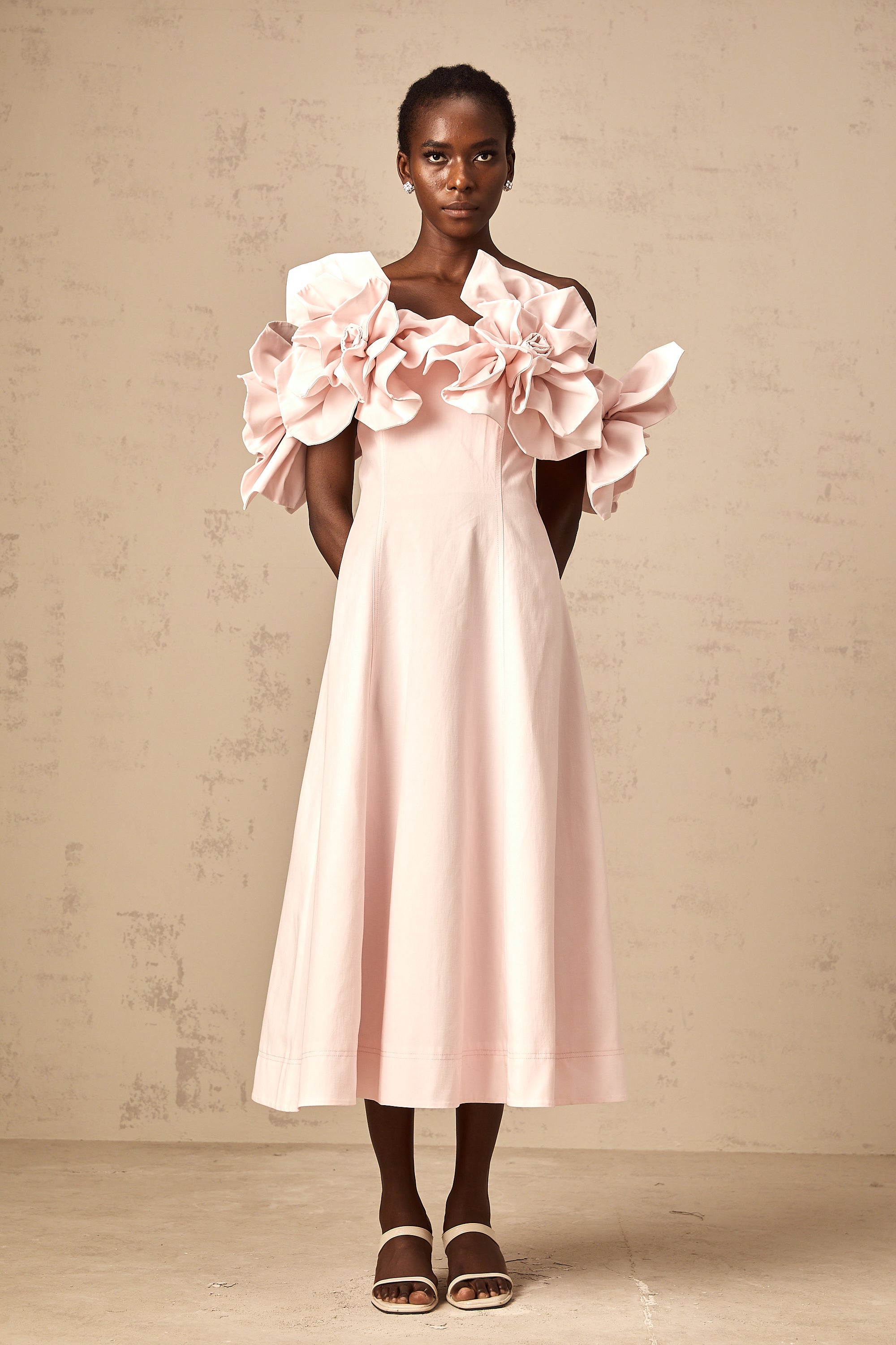Juliette pink off-shoulder 3D-petal midi dress