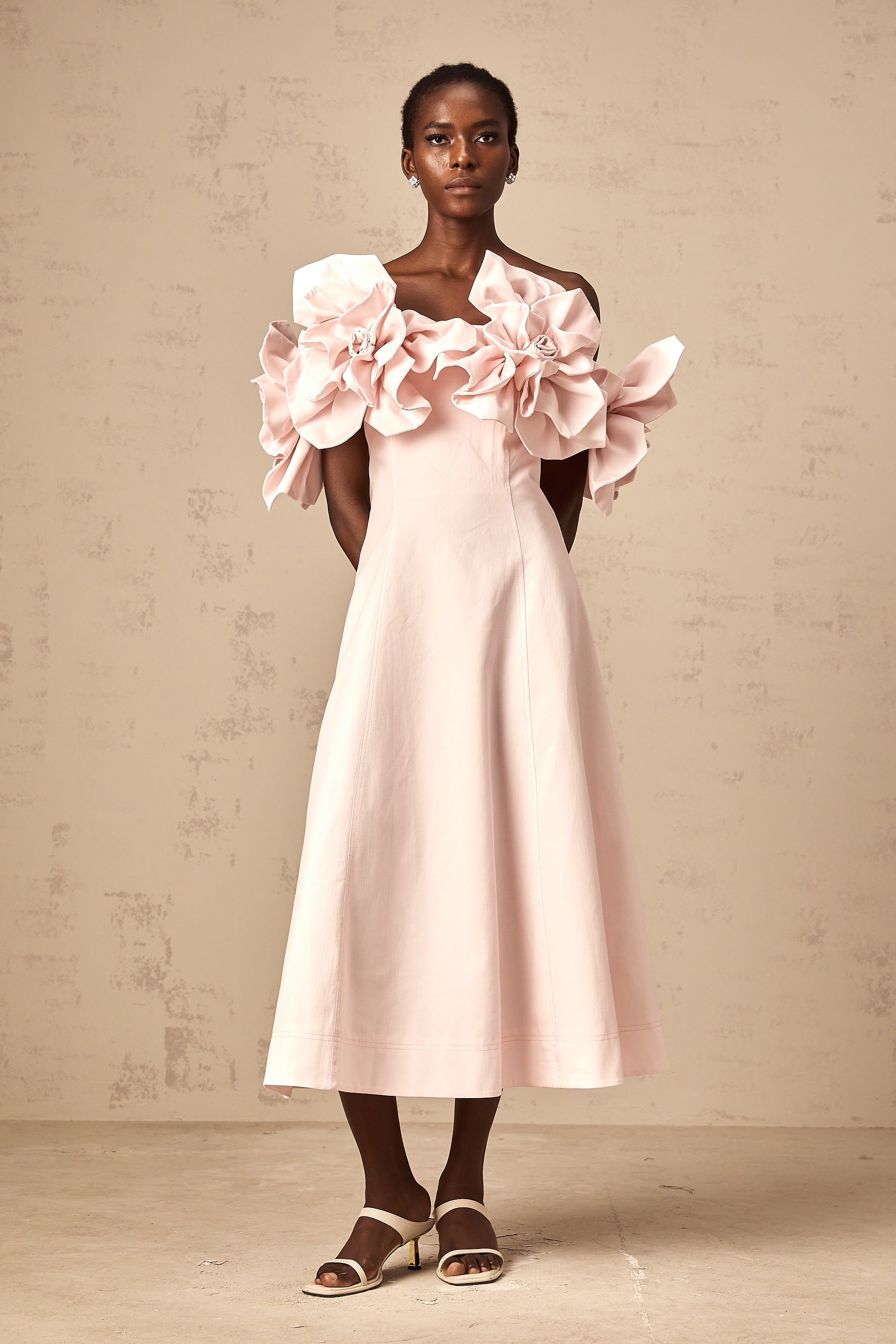 Juliette pink off-shoulder 3D-petal midi dress