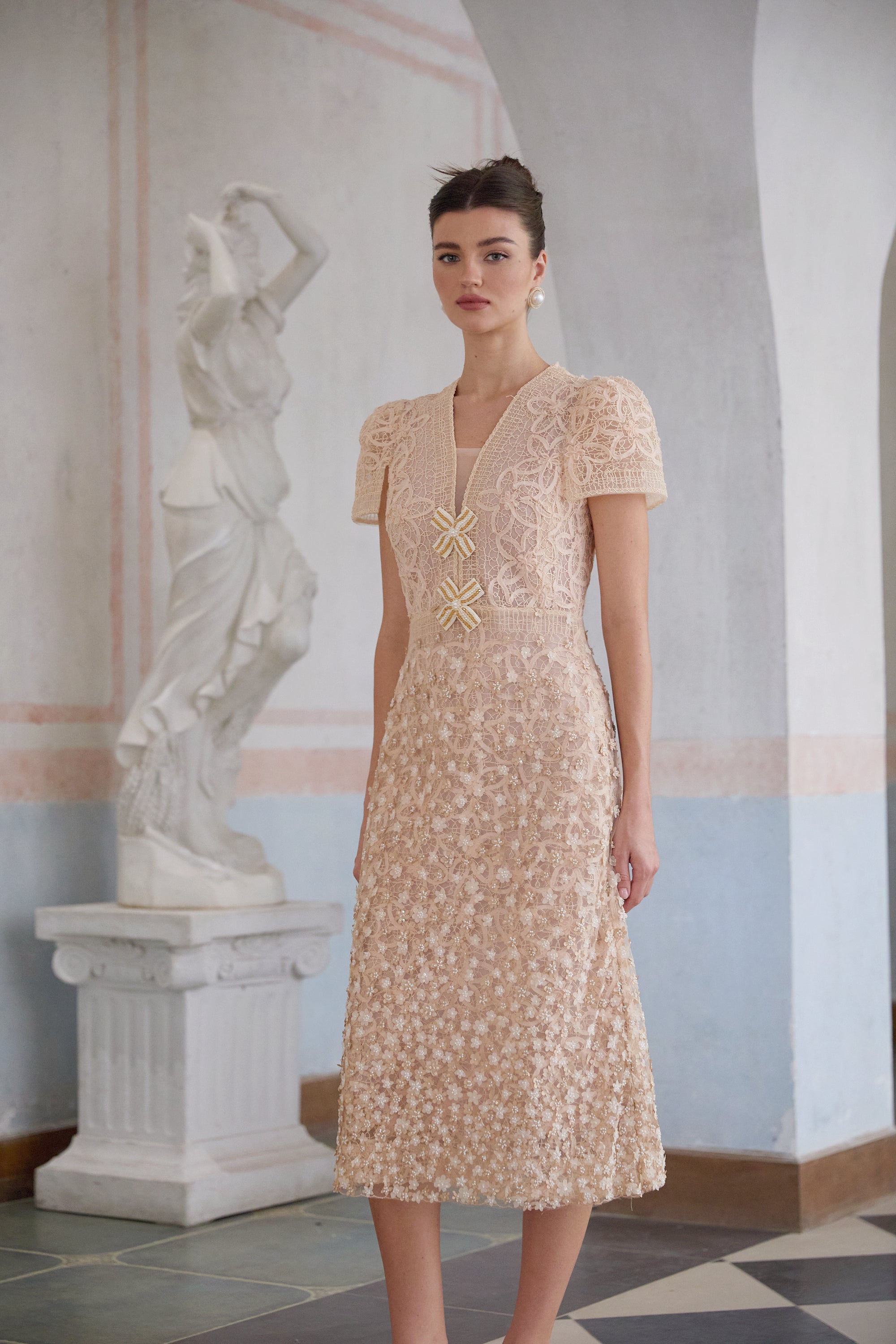 Bérengère neutrals faux-flower crochet midi dress