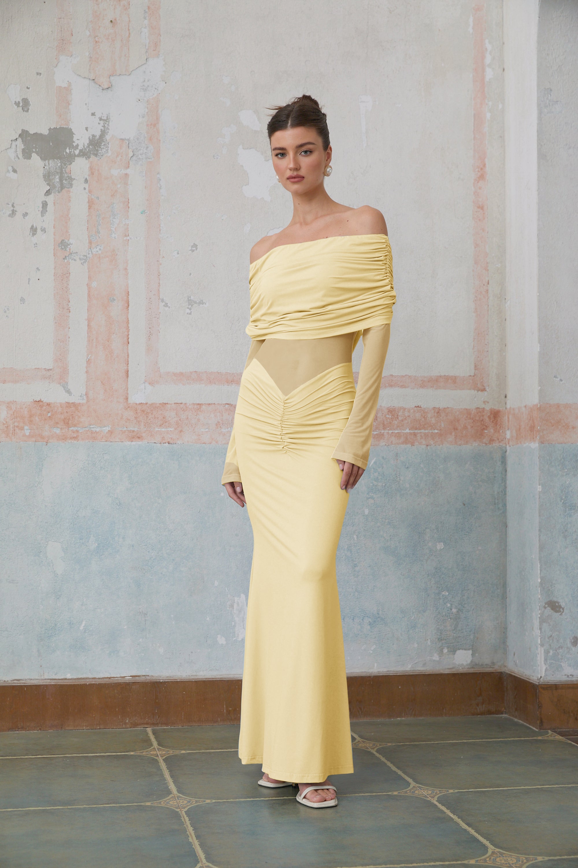 Ninon Yellow Off Shoulder Ruched Maxi Dress