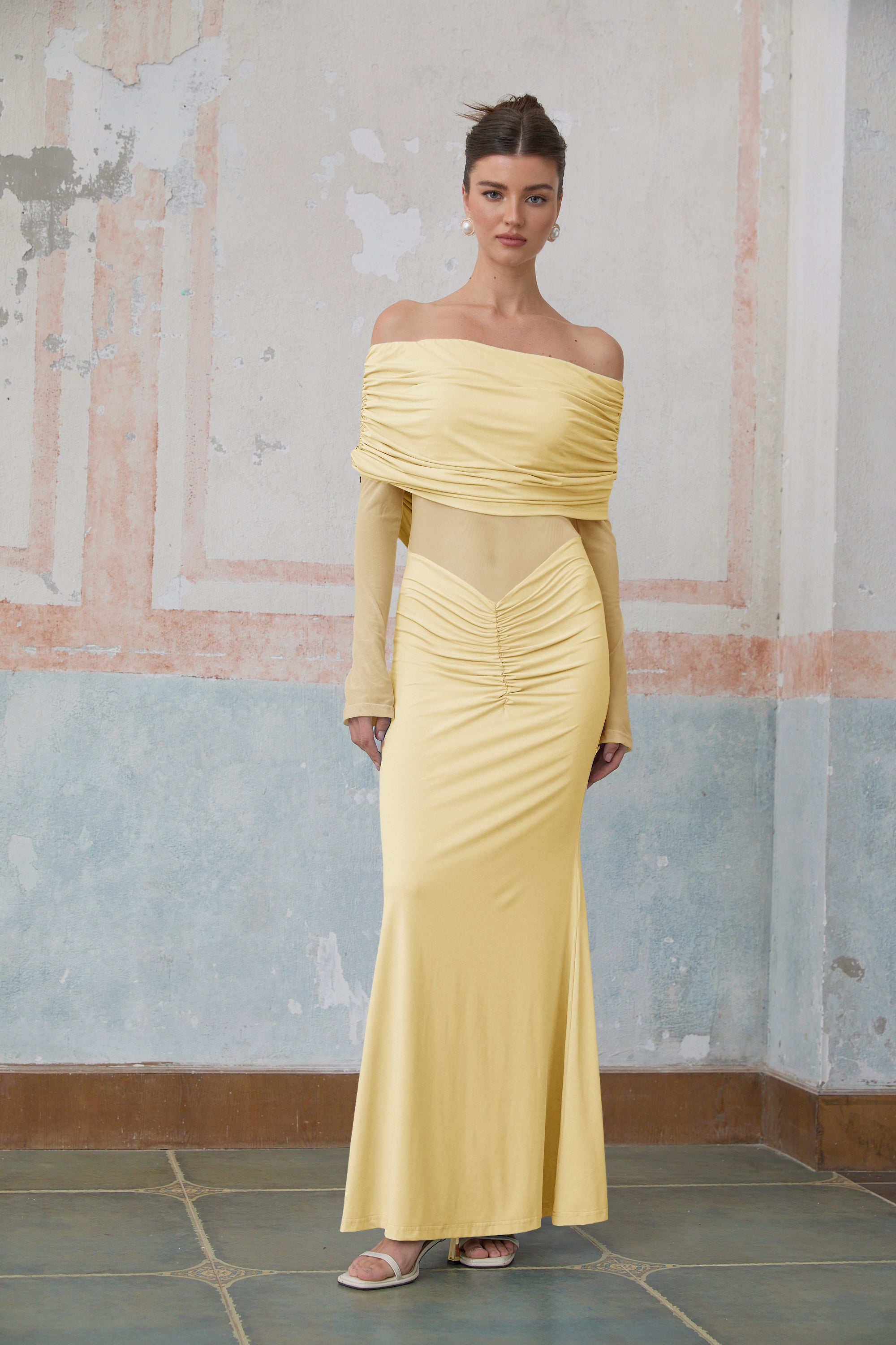 Ninon Yellow Off Shoulder Ruched Maxi Dress