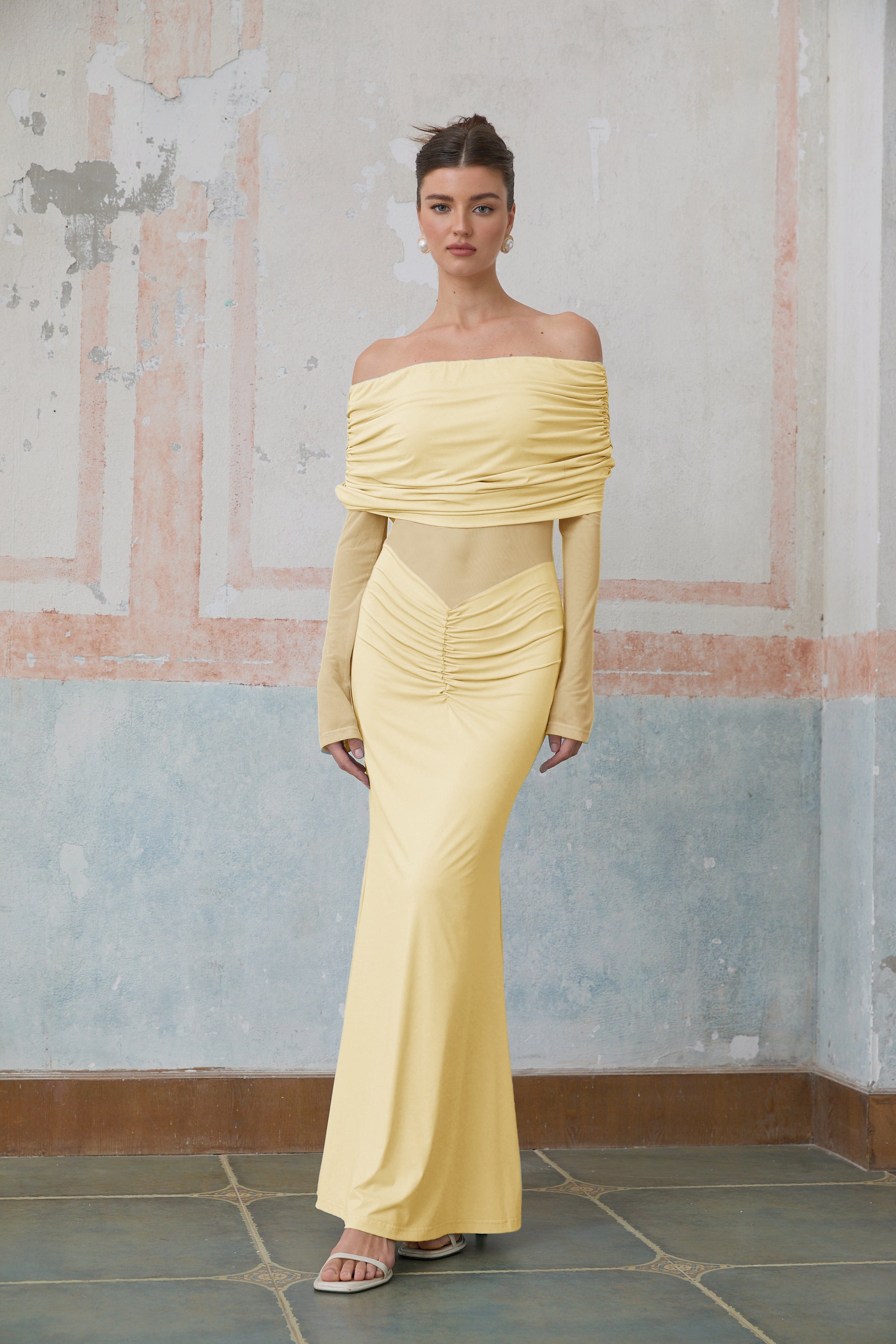 Ninon Yellow Off Shoulder Ruched Maxi Dress