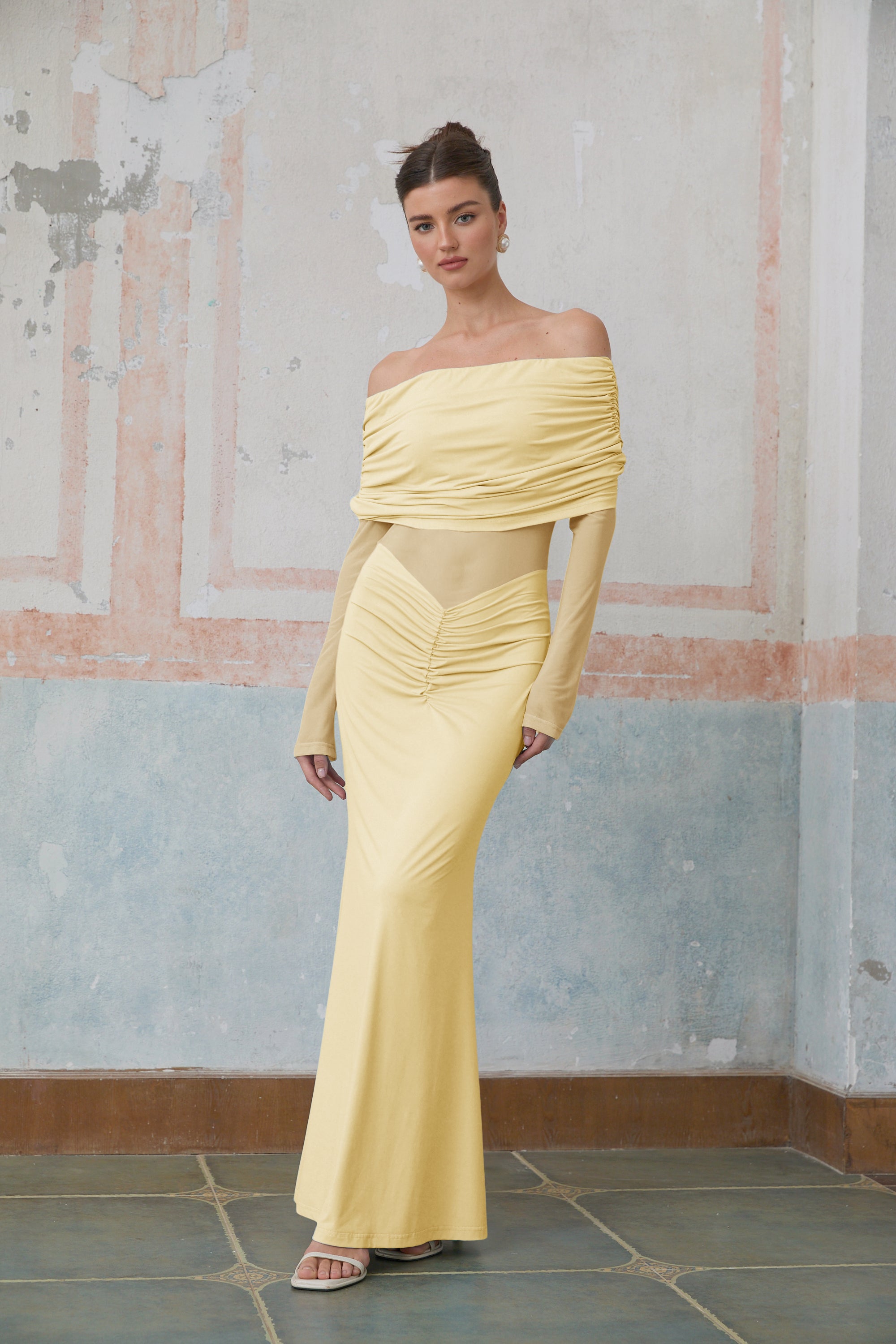 Ninon Yellow Off Shoulder Ruched Maxi Dress