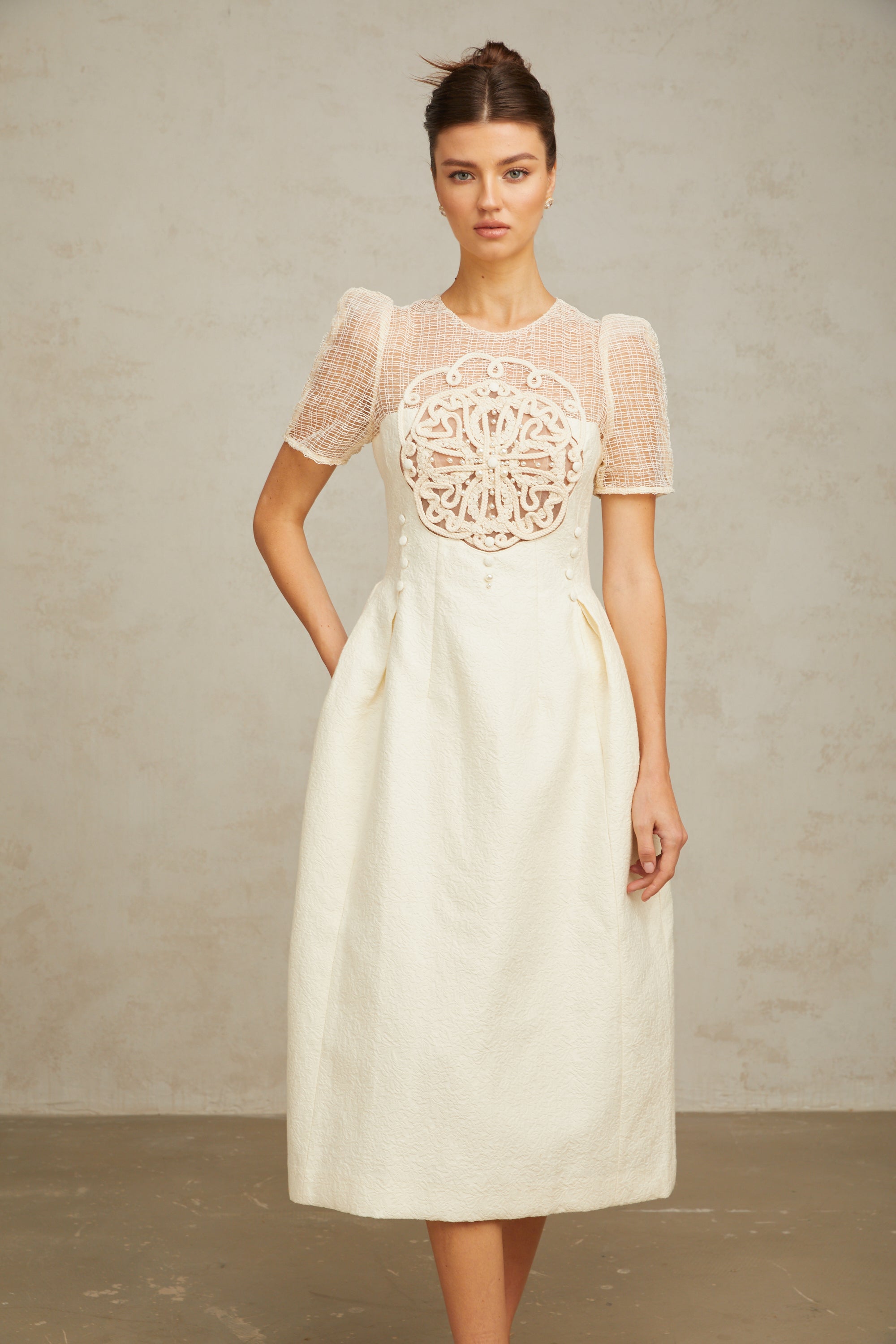 Camille white braid panelled midi dress