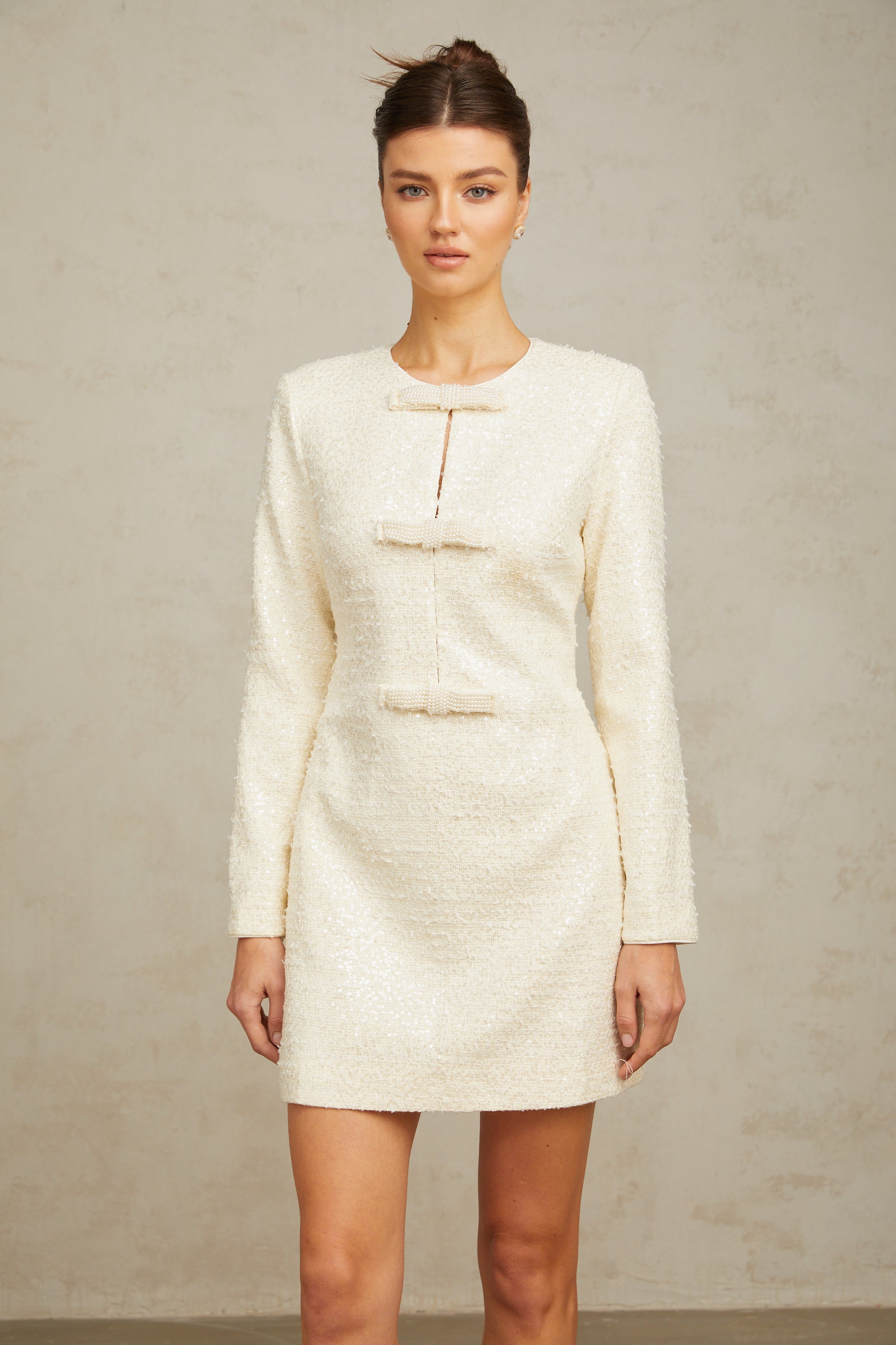 Angélique white sequined tweed mini dress