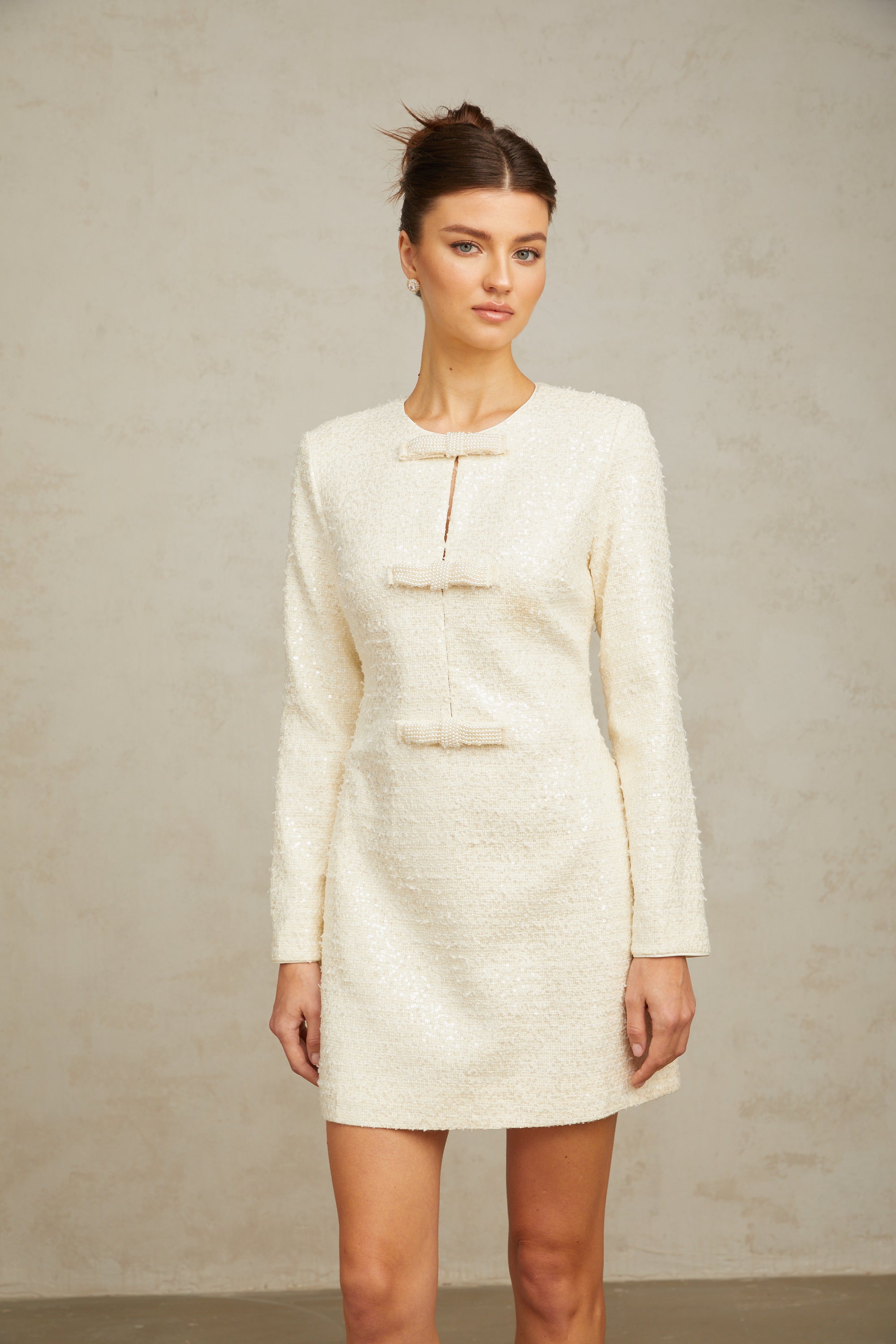 Angélique white sequined tweed mini dress