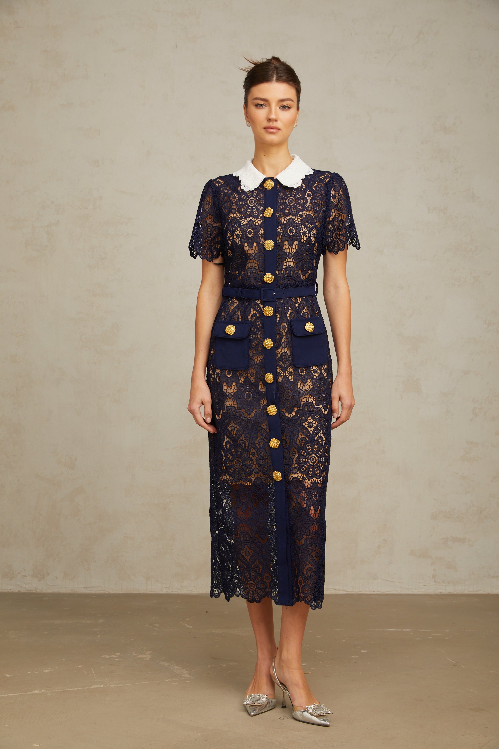 Ariane Navy Crochet-lace Midi Dress