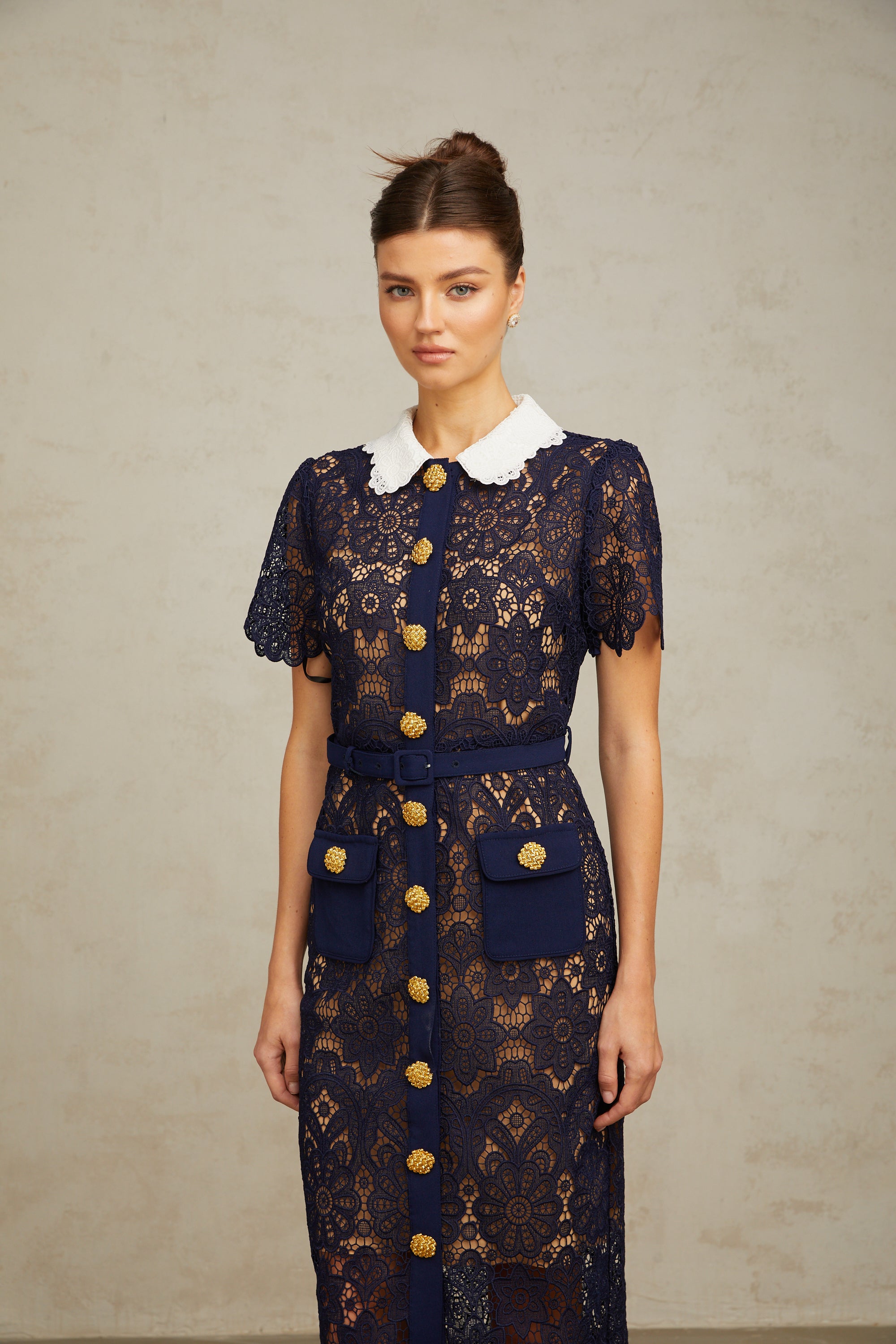 Ariane Navy Crochet-lace Midi Dress