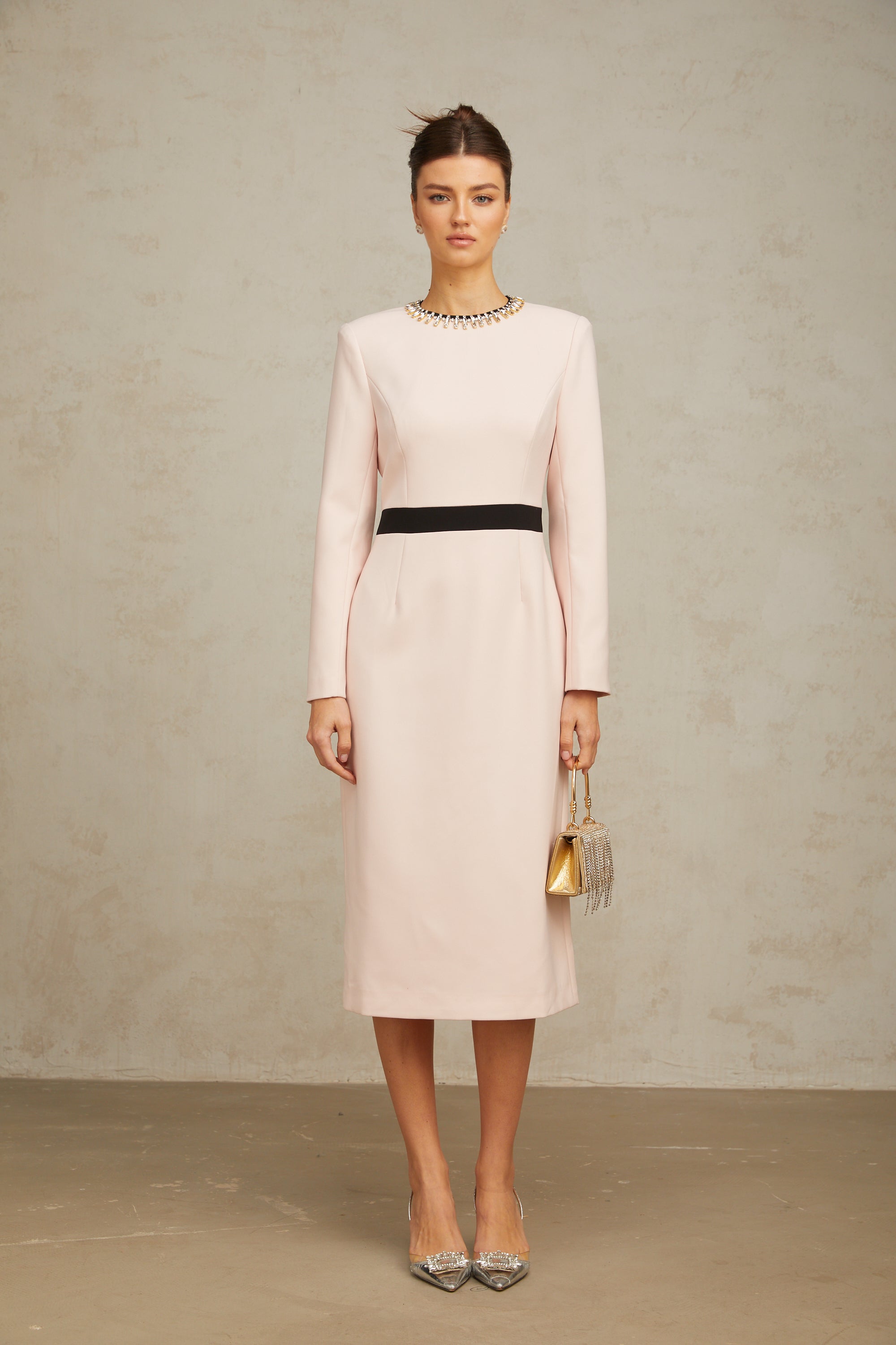 Anaïs pink crystal color-blocked midi dress