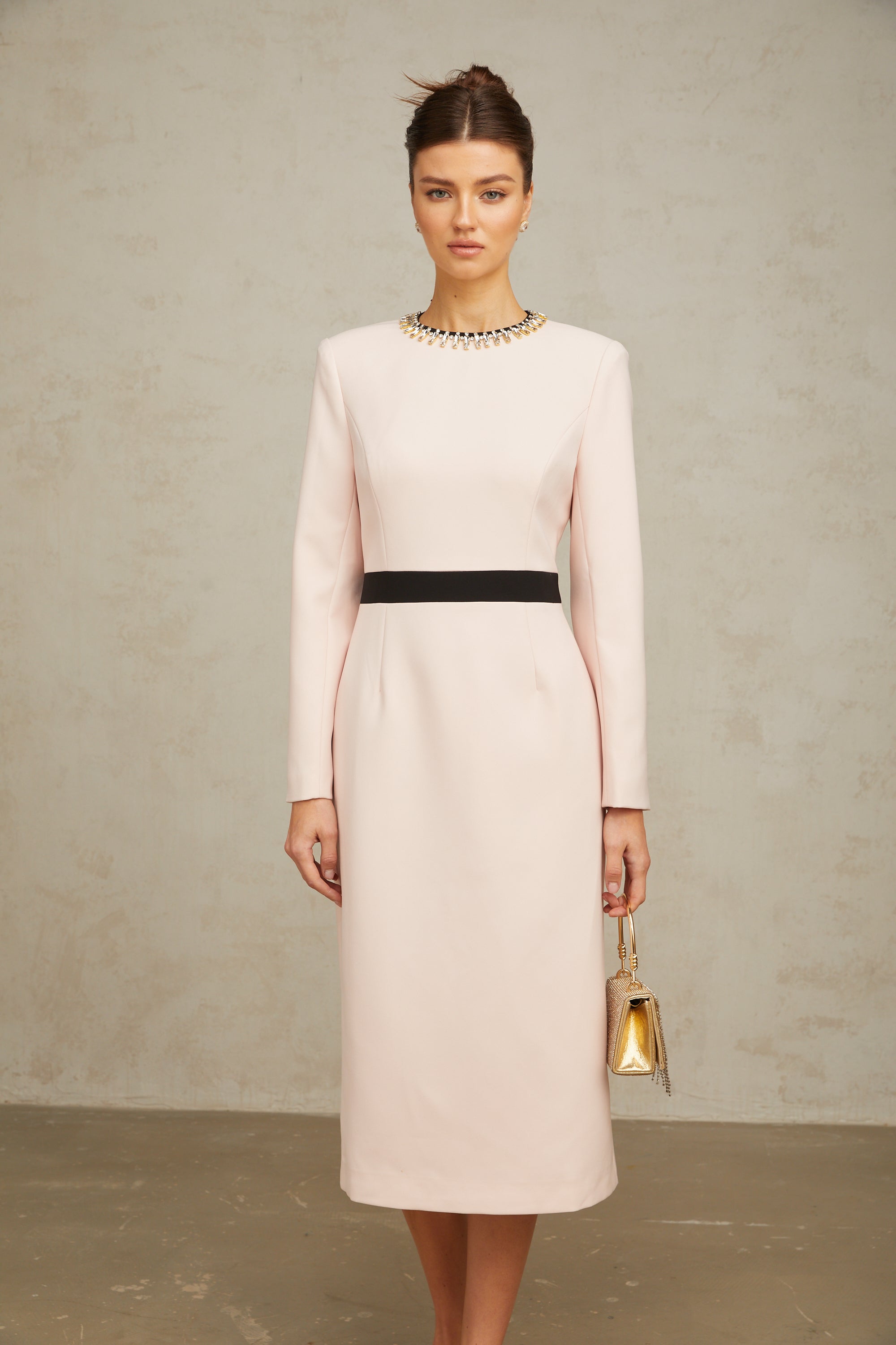 Anaïs pink crystal color-blocked midi dress