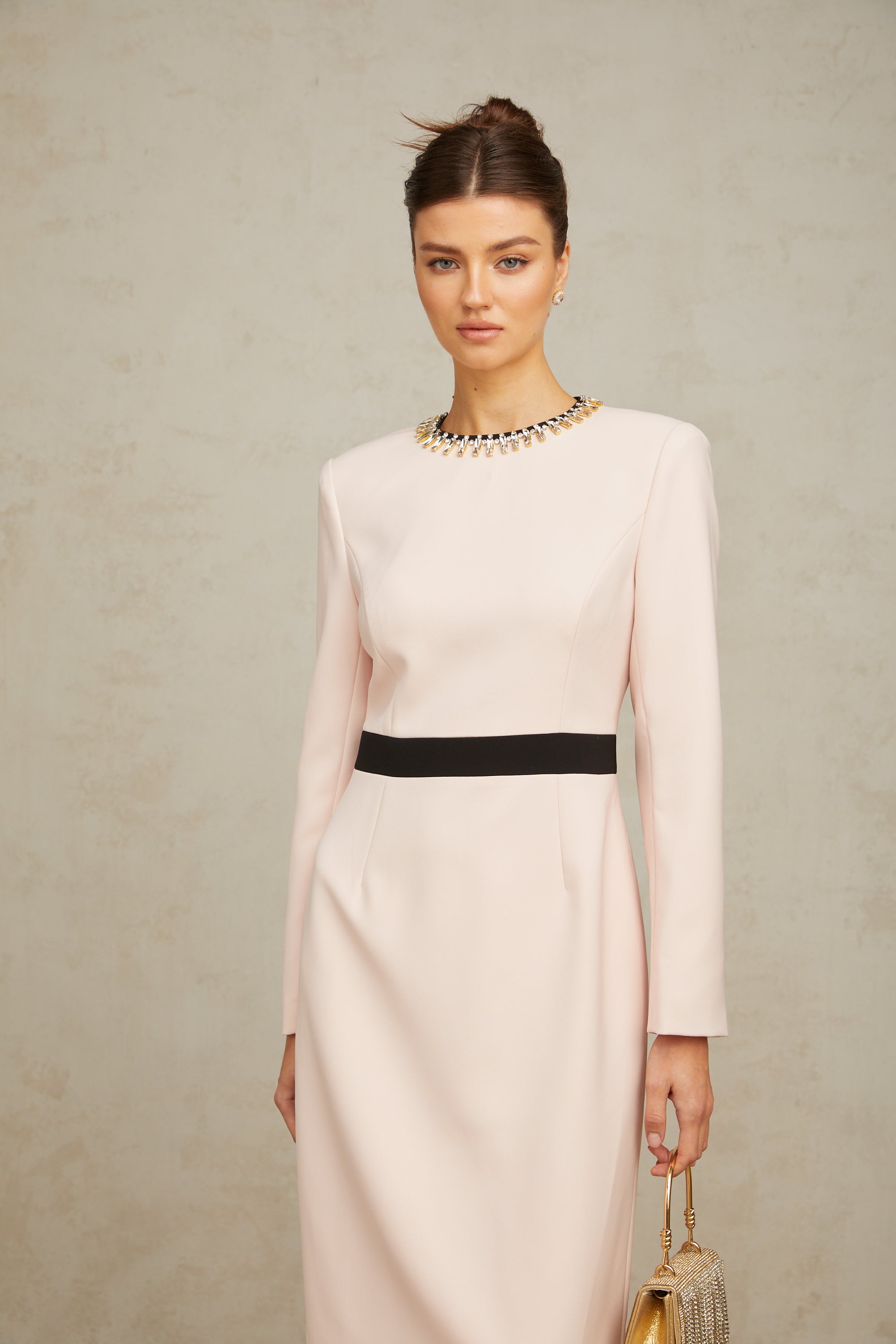 Anaïs pink crystal color-blocked midi dress