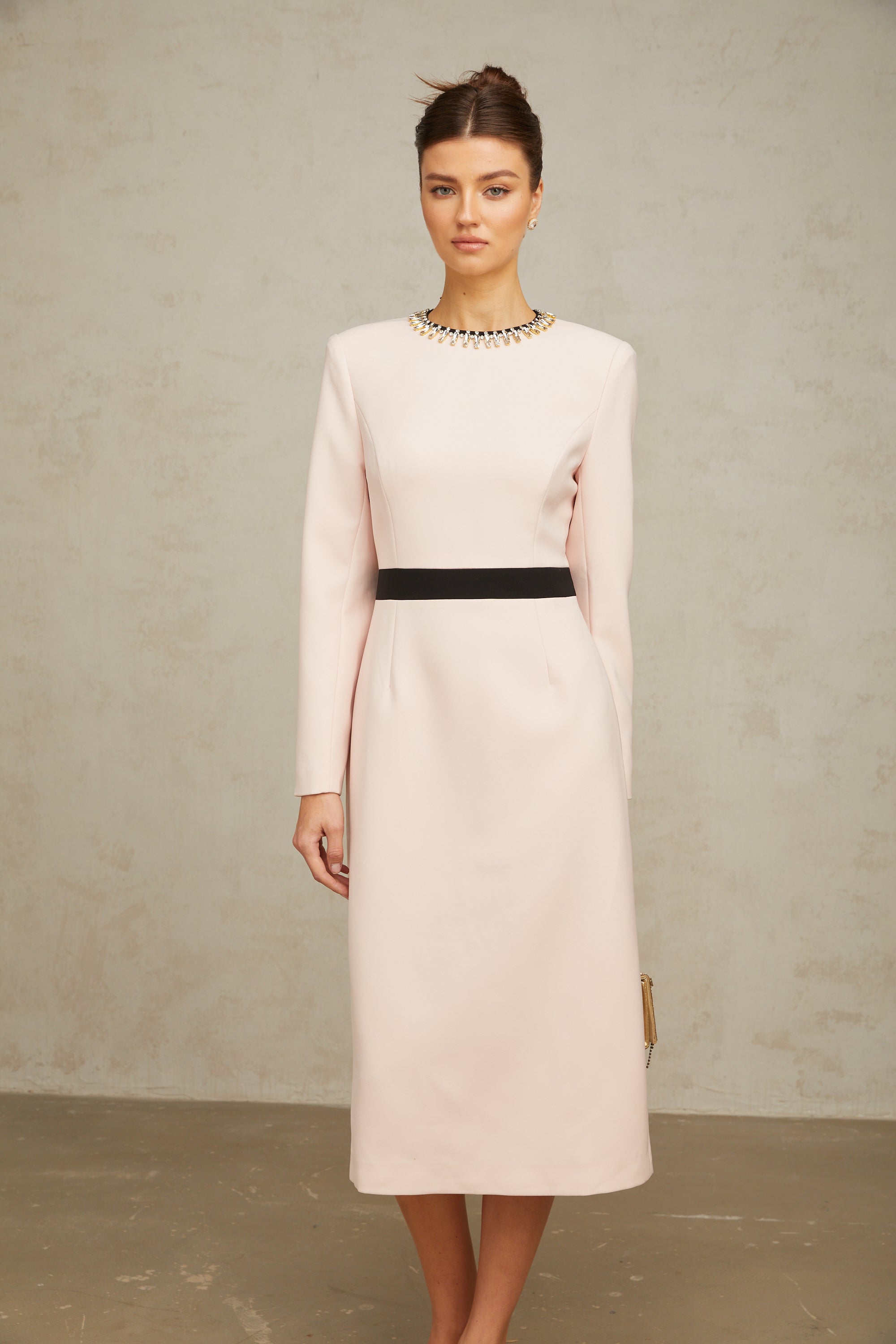 Anaïs pink crystal color-blocked midi dress