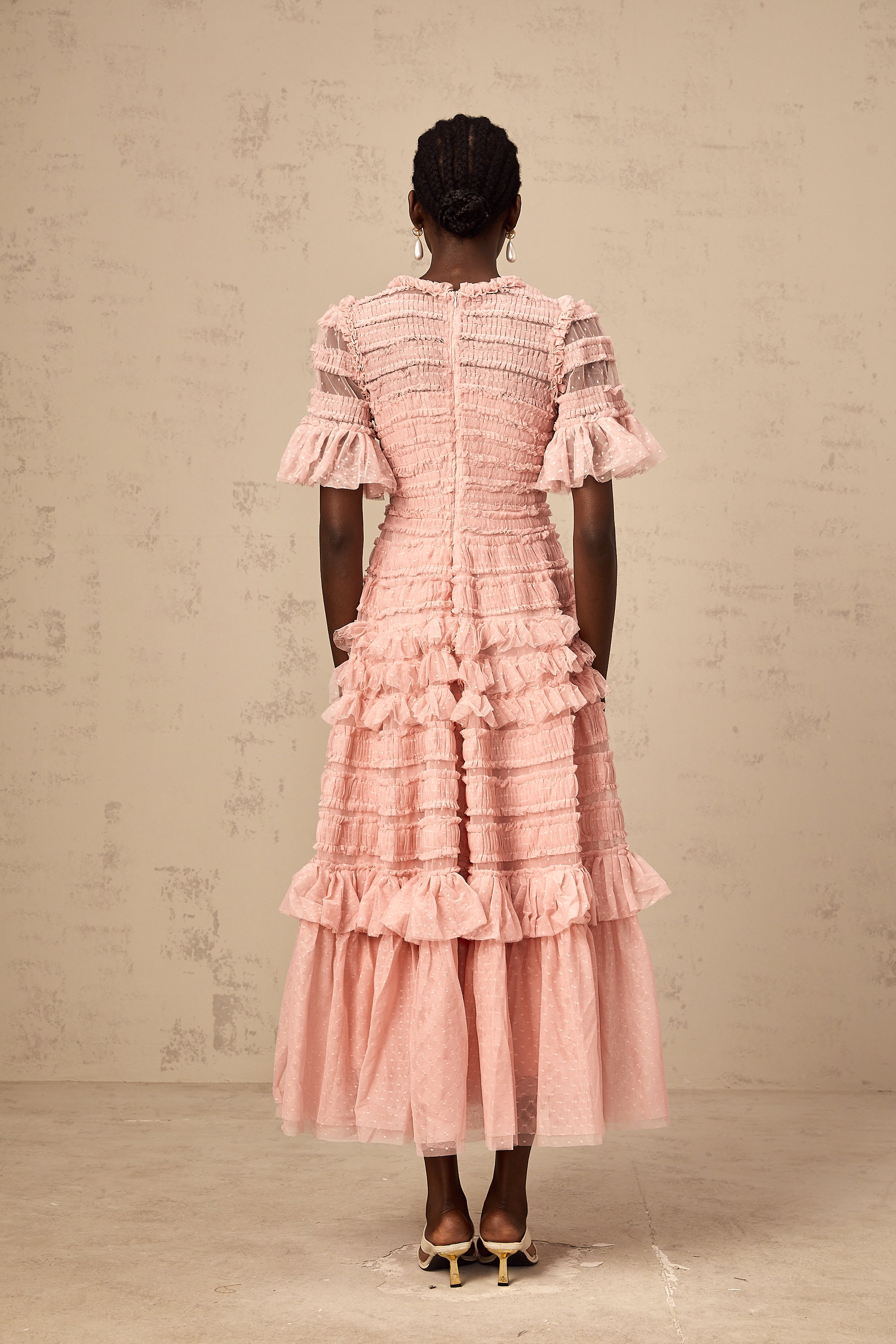 Aimée pink dot-detail ruffled tulle midi dress
