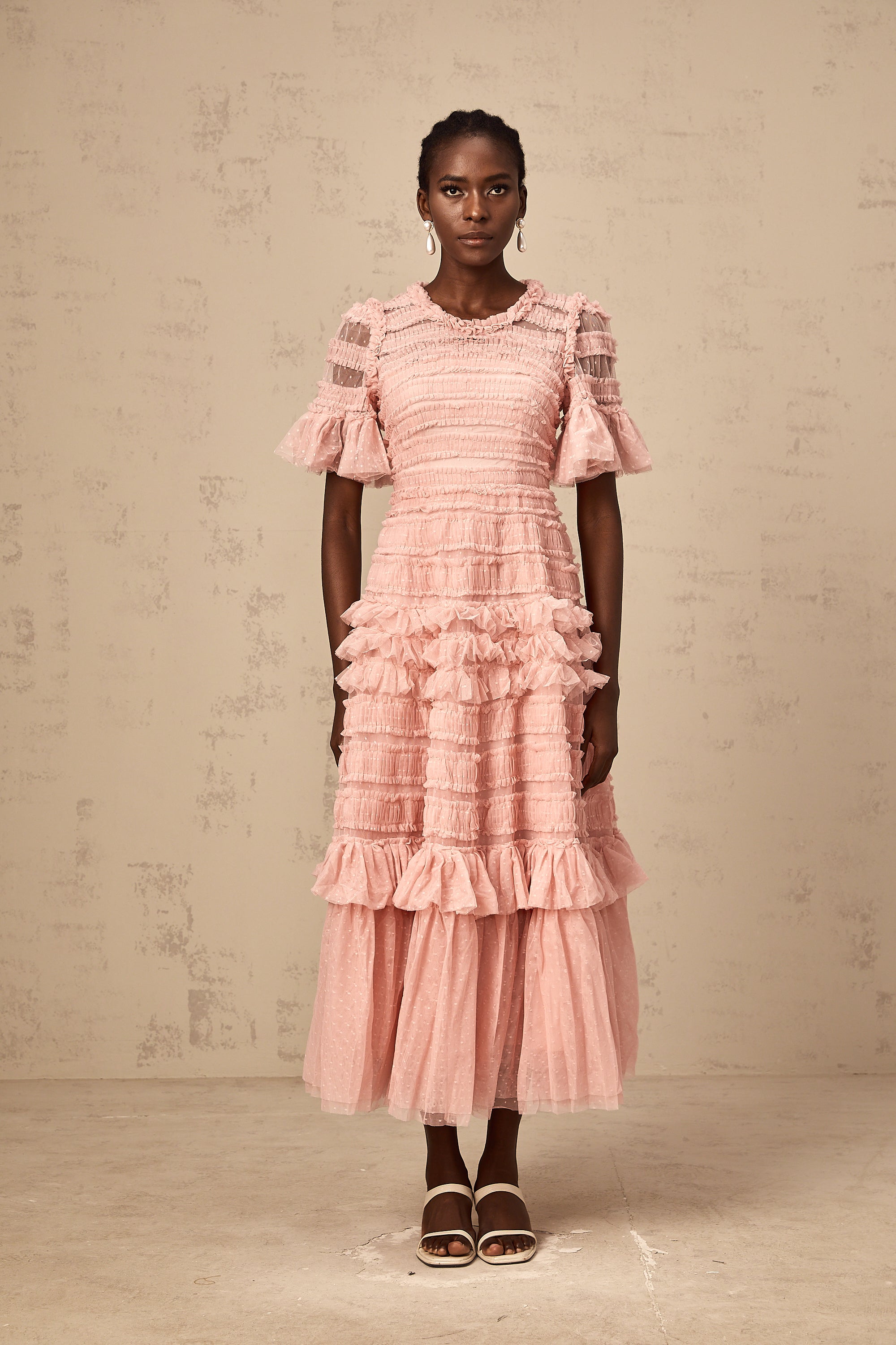 Aimée pink dot-detail ruffled tulle midi dress