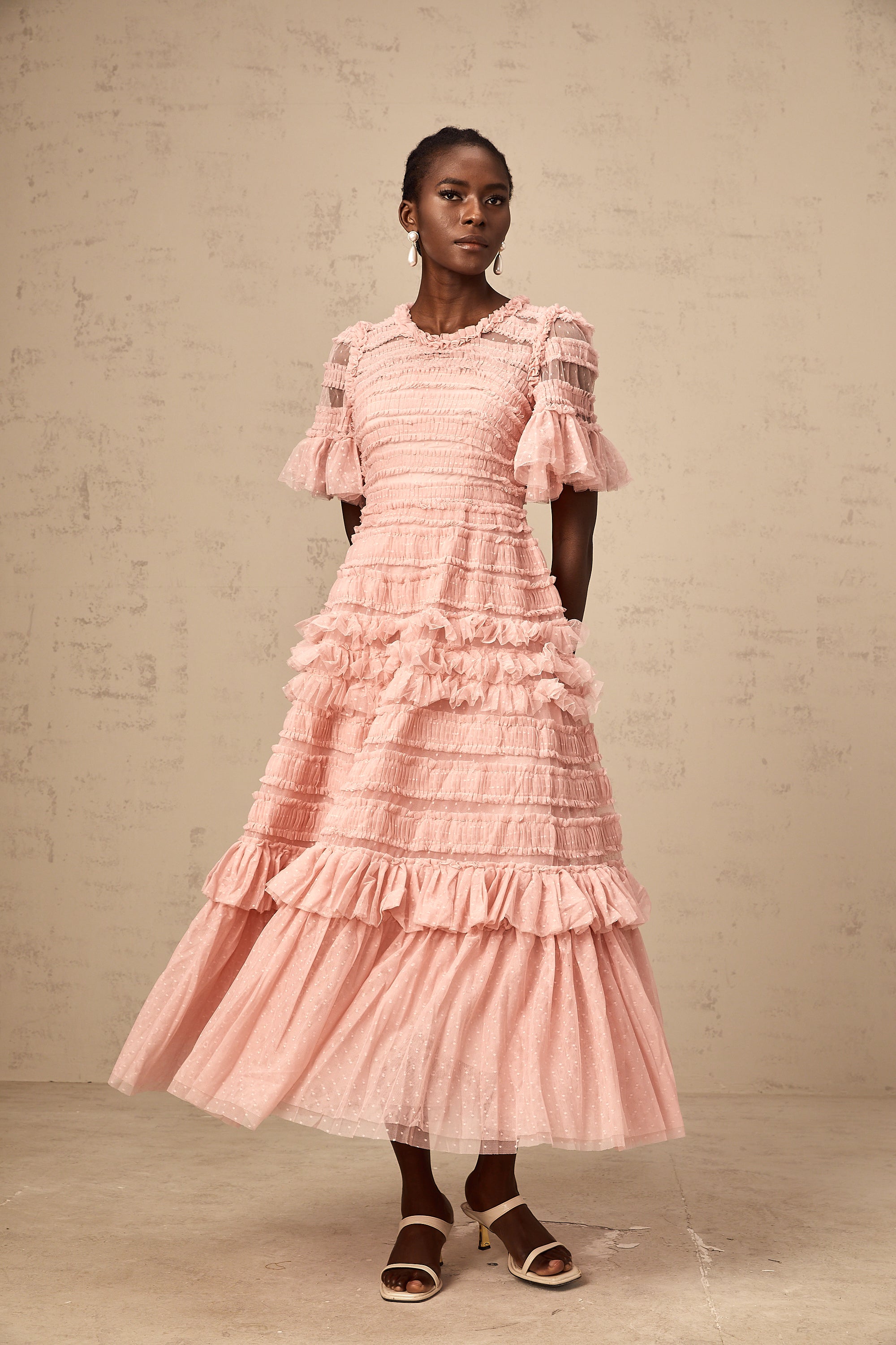 Aimée pink dot-detail ruffled tulle midi dress