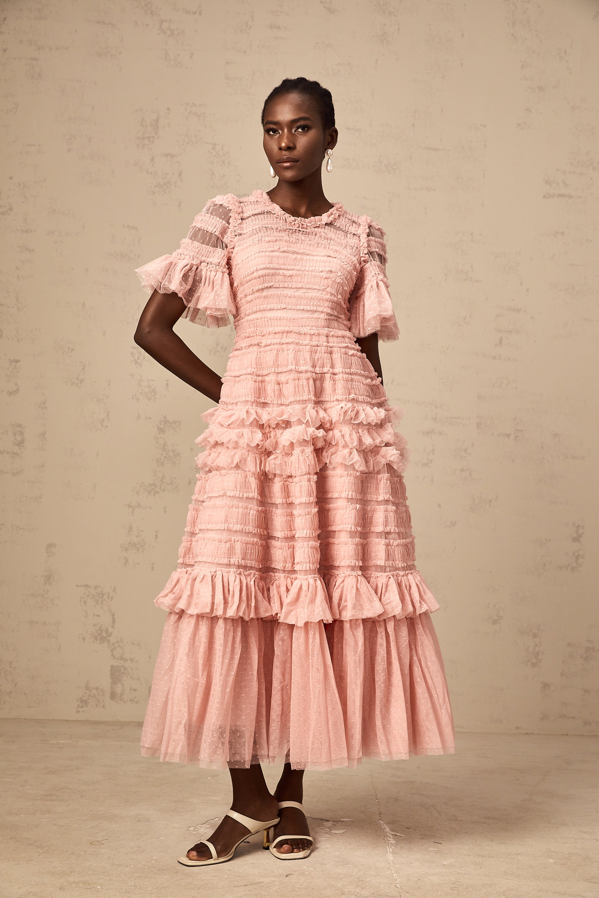 Aimée pink dot-detail ruffled tulle midi dress