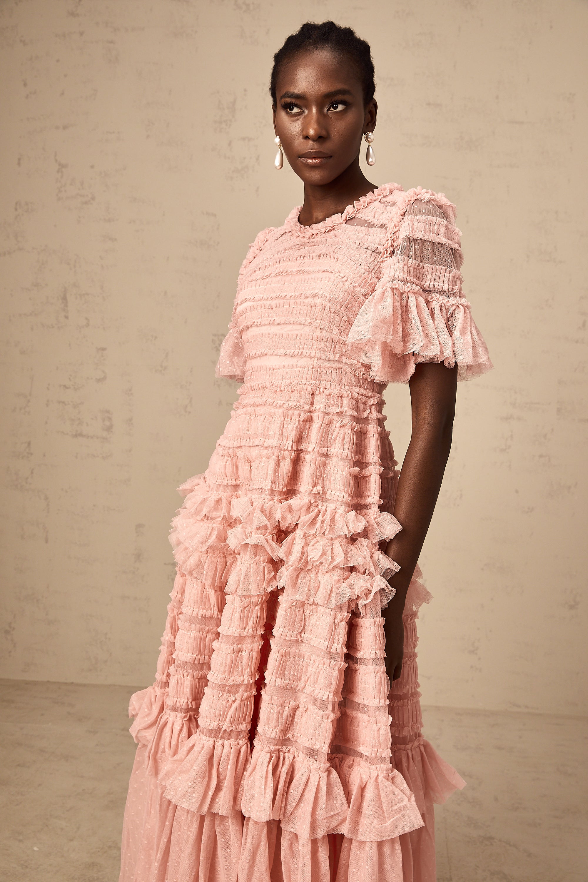 Aimée pink dot-detail ruffled tulle midi dress