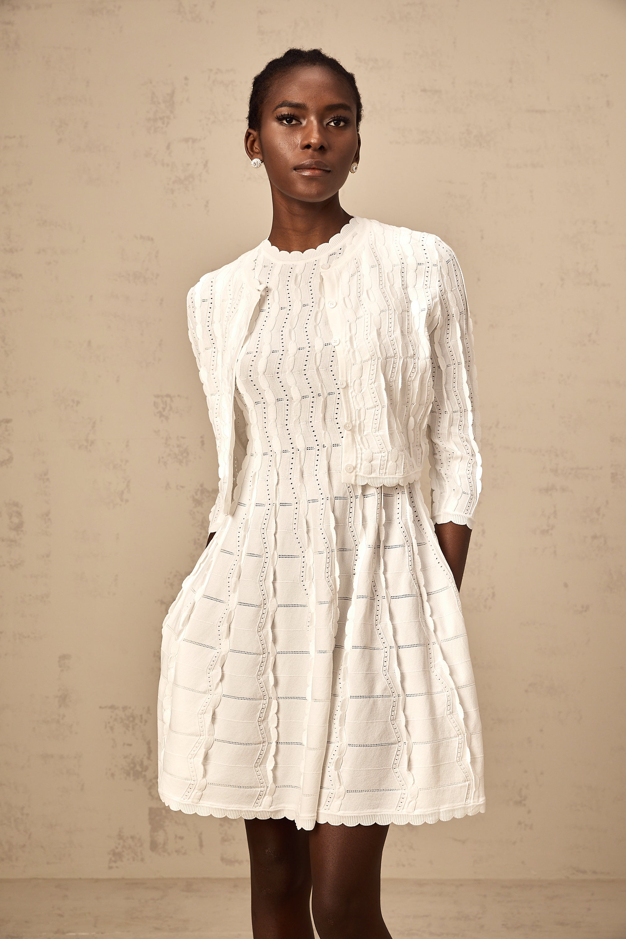 Esmée white ruffled knitted cardigan