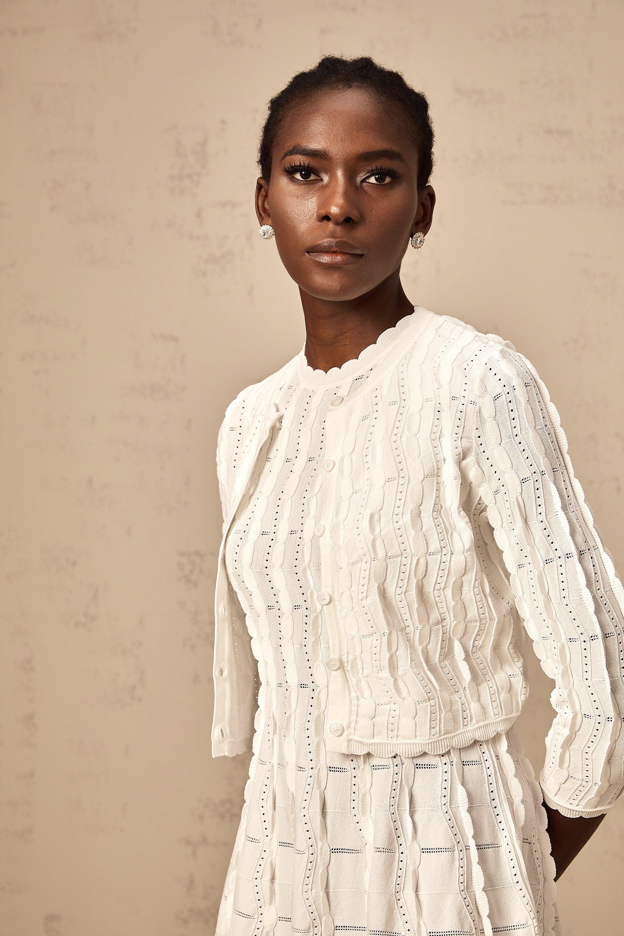 Esmée white ruffled knitted cardigan