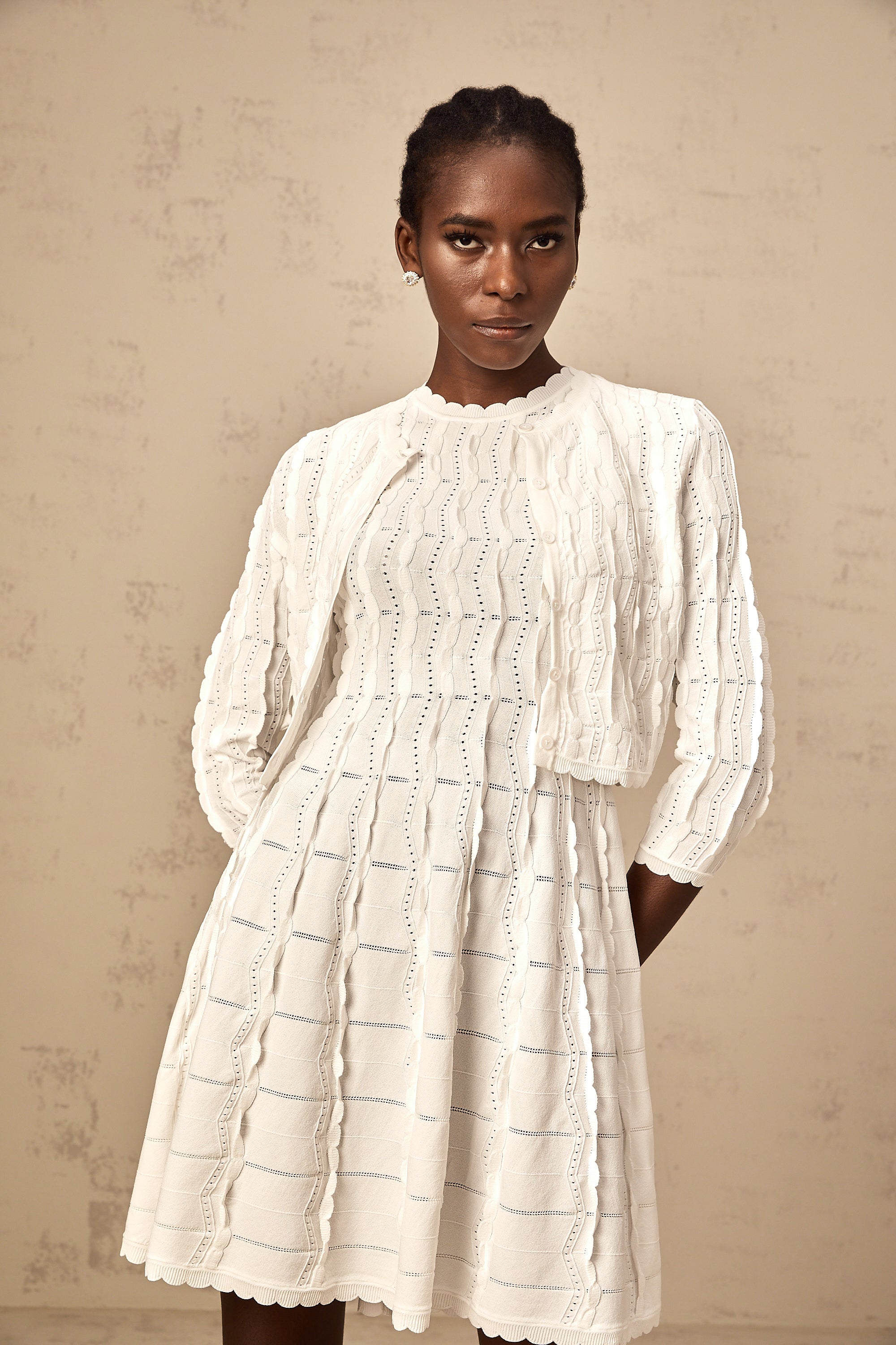 Esmée white ruffled knitted cardigan