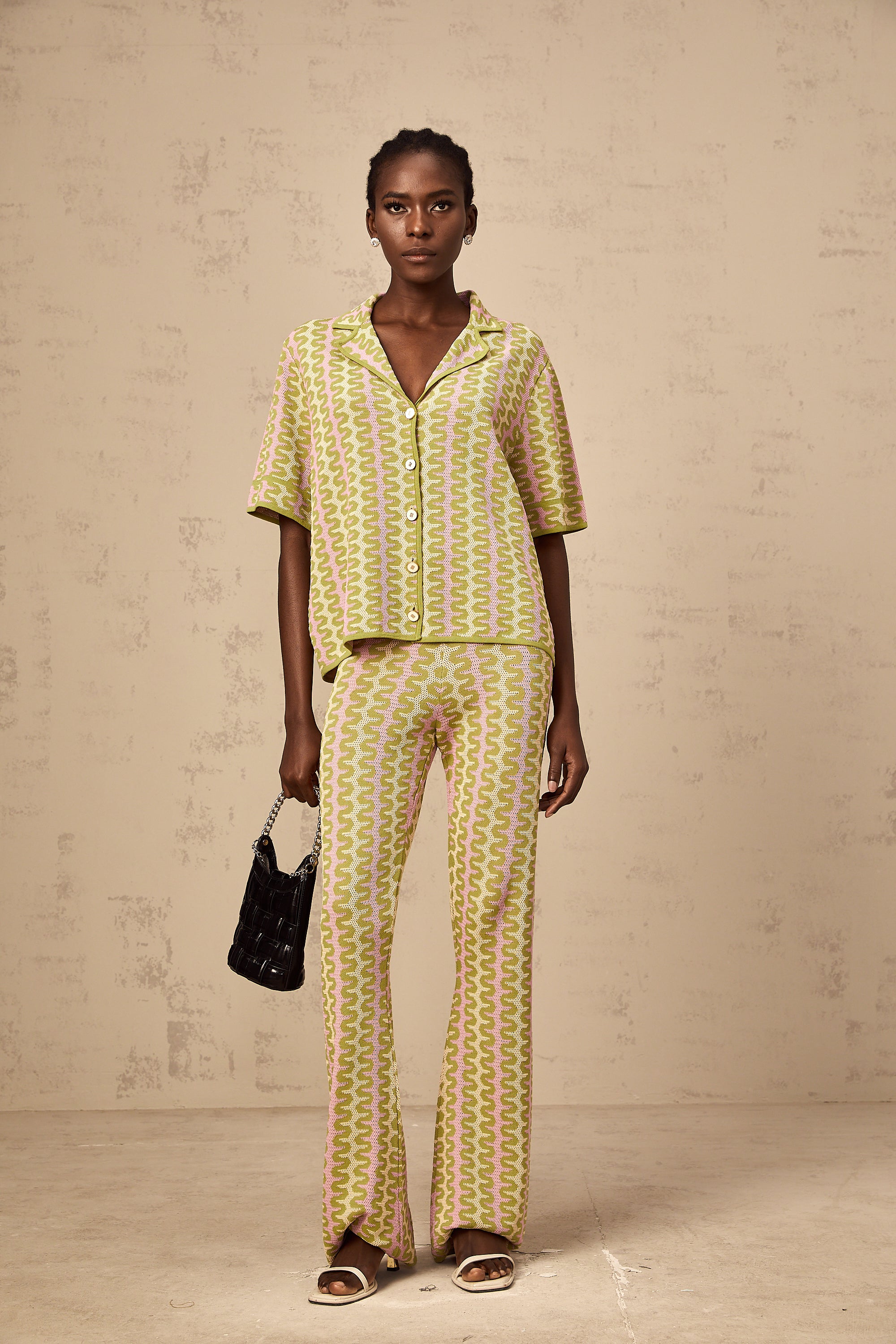 Ophélie green color-block knitted shirt & trousers matching set (Final Sale-US Only)