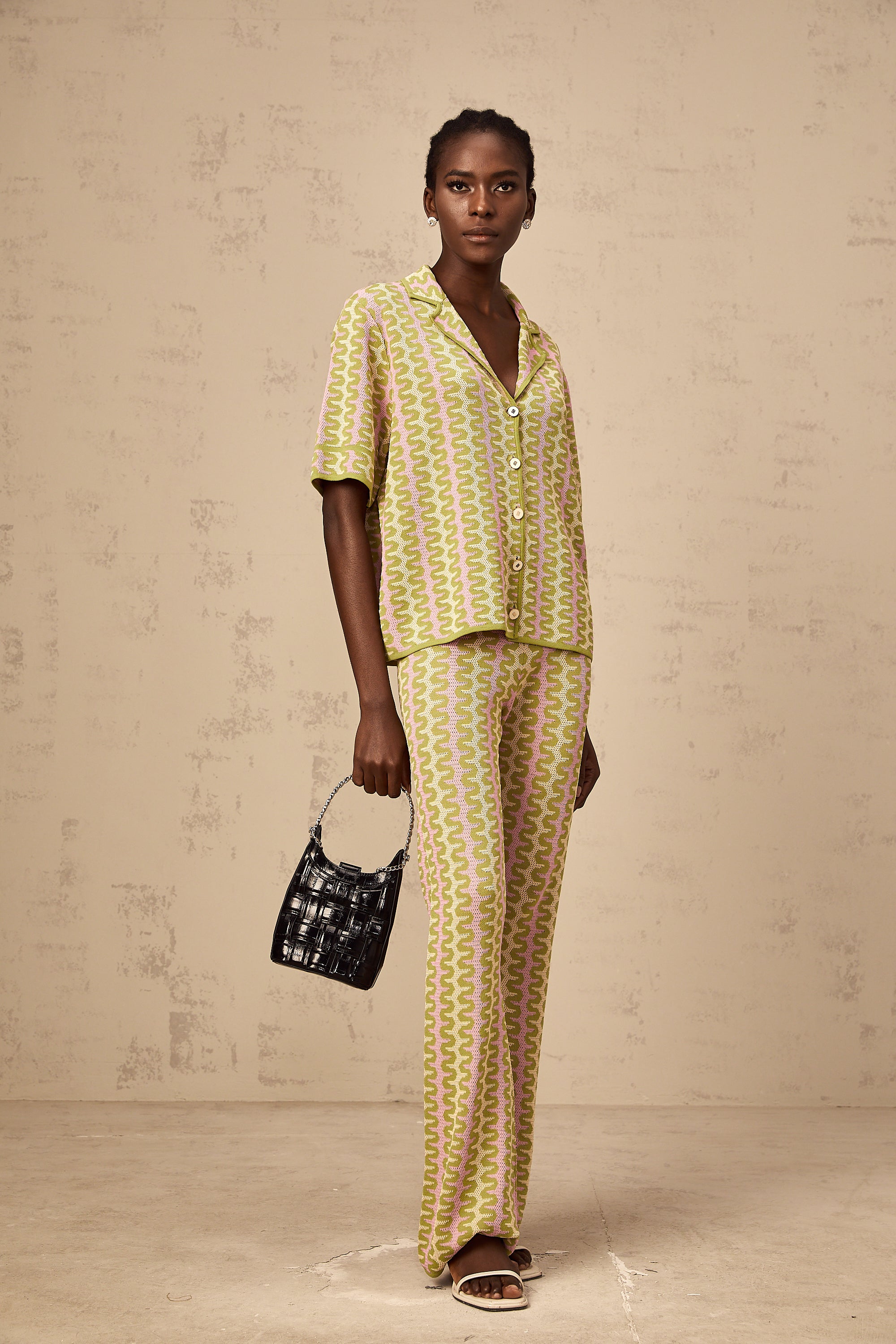 Ophélie green color-block knitted shirt & trousers matching set (Final Sale-US Only)