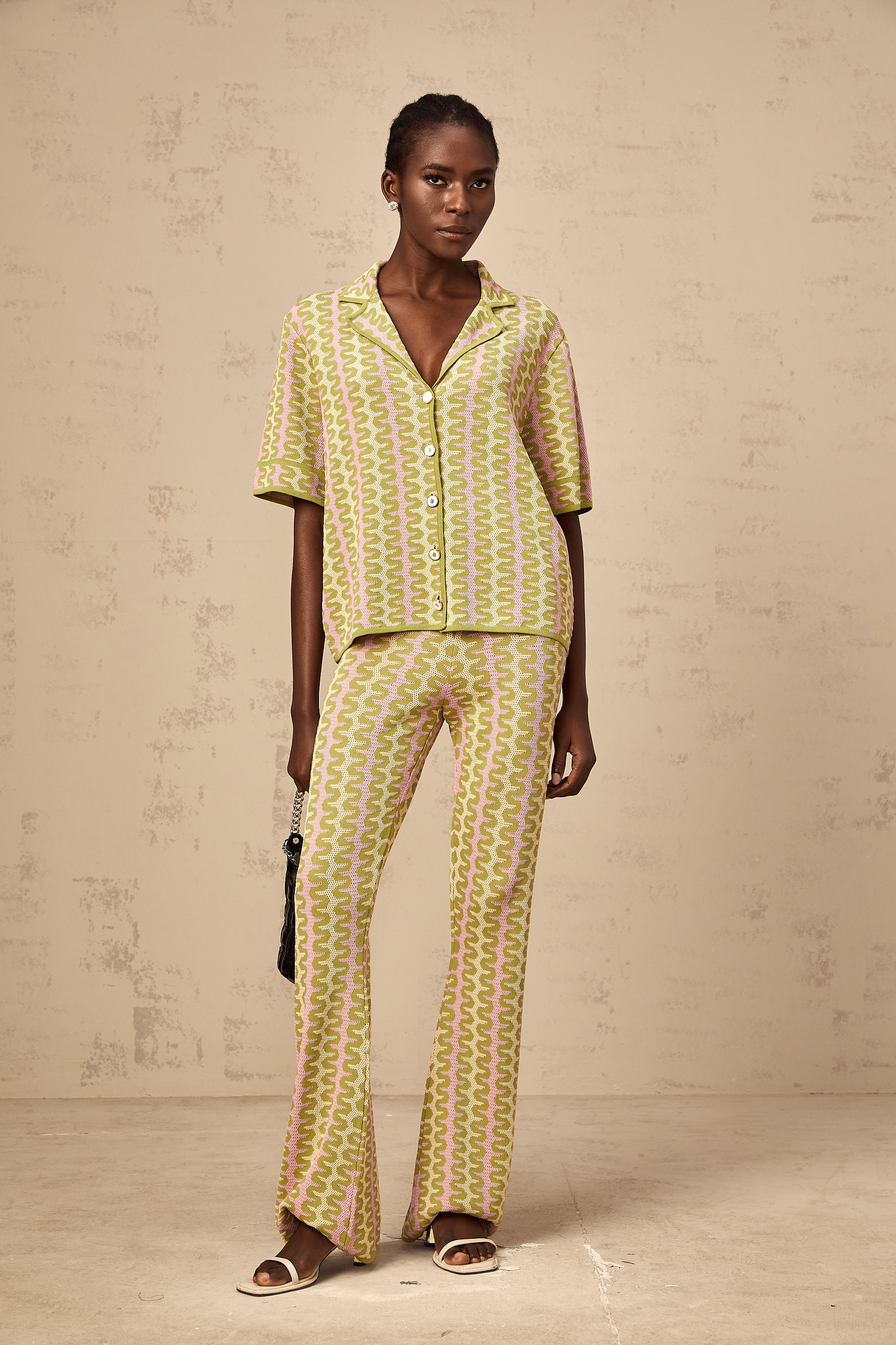 Ophélie green color-block knitted shirt & trousers matching set (Final Sale-US Only)