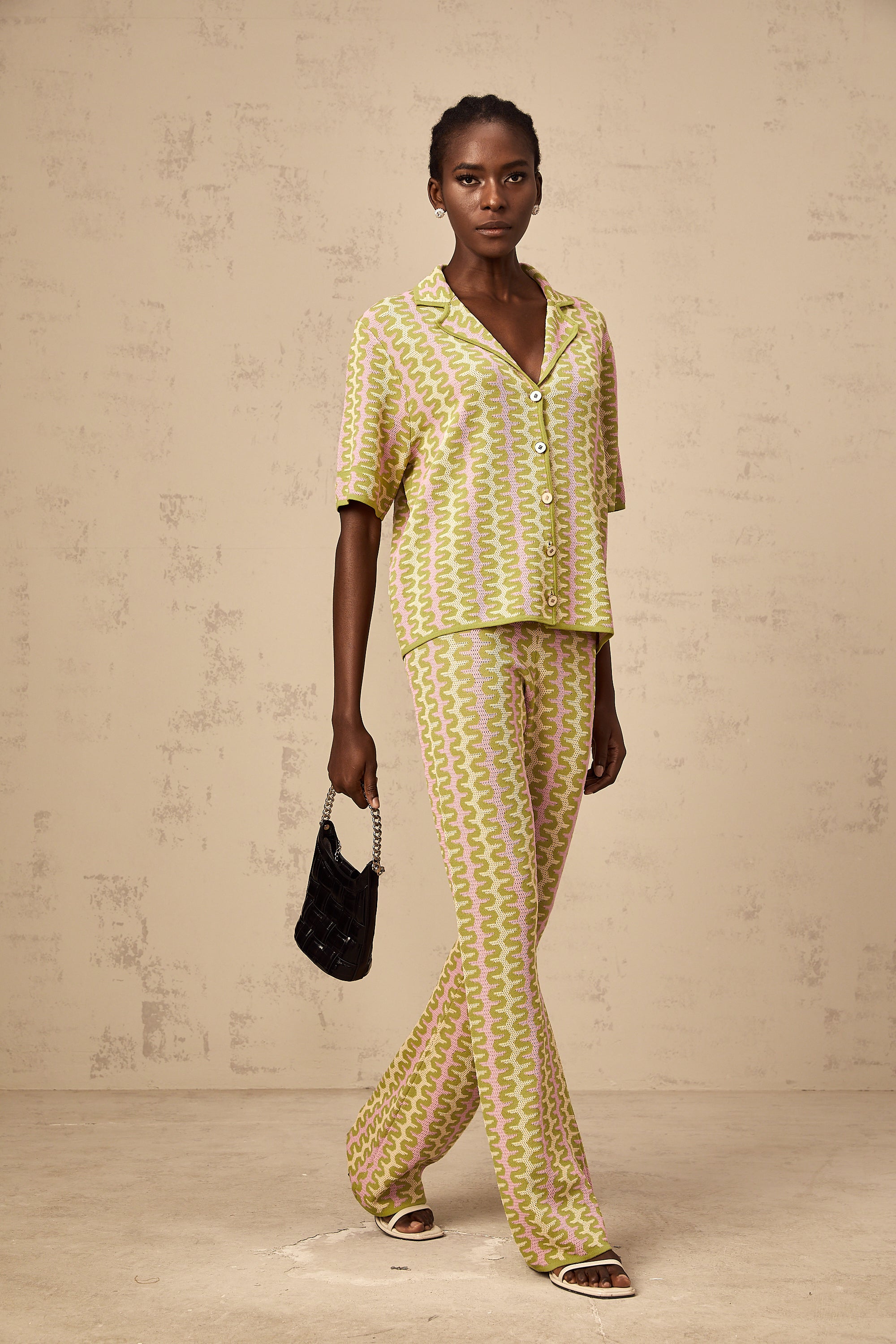 Ophélie green color-block knitted shirt & trousers matching set (Final Sale-US Only)