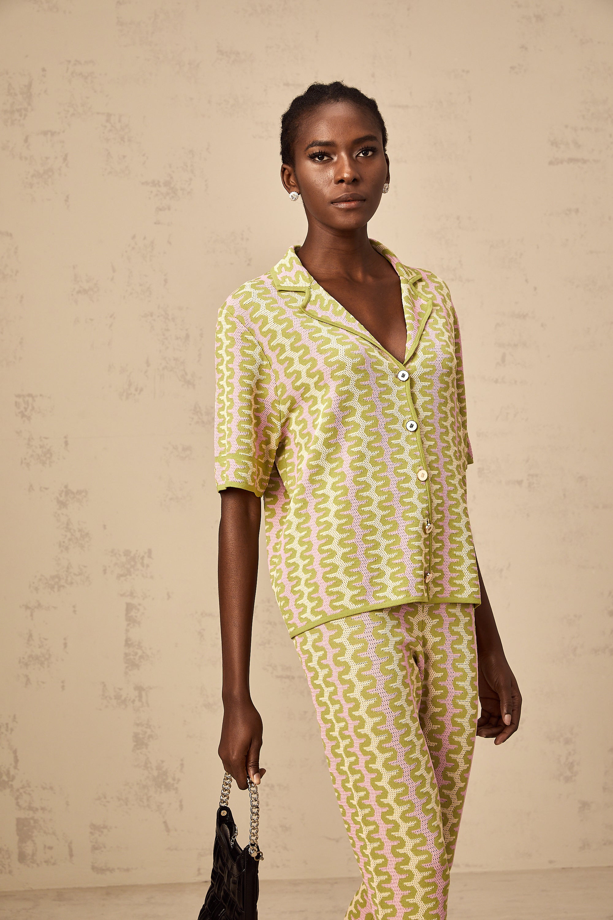 Ophélie green color-block knitted shirt & trousers matching set (Final Sale-US Only)