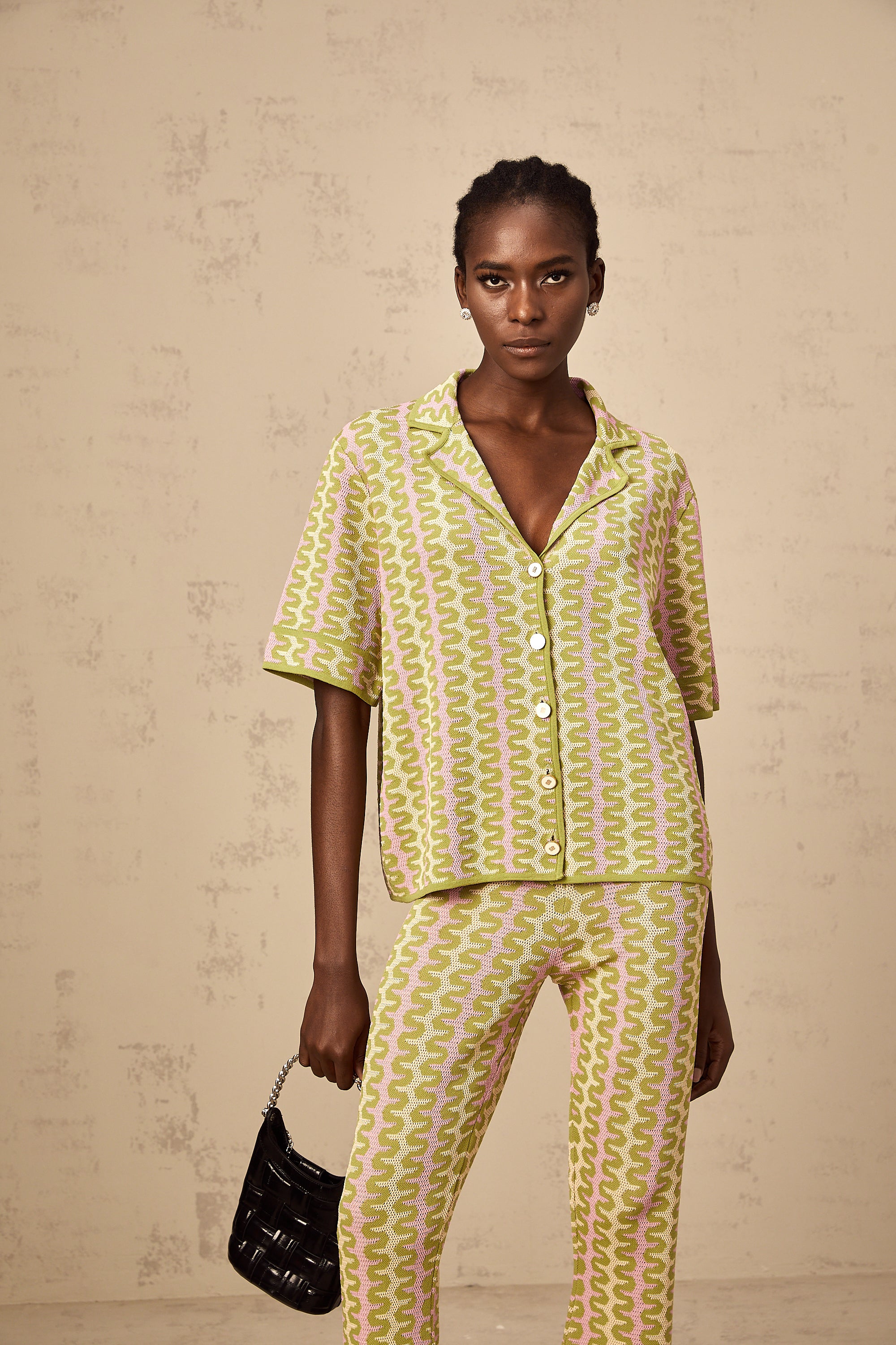 Ophélie green color-block knitted shirt & trousers matching set (Final Sale-US Only)