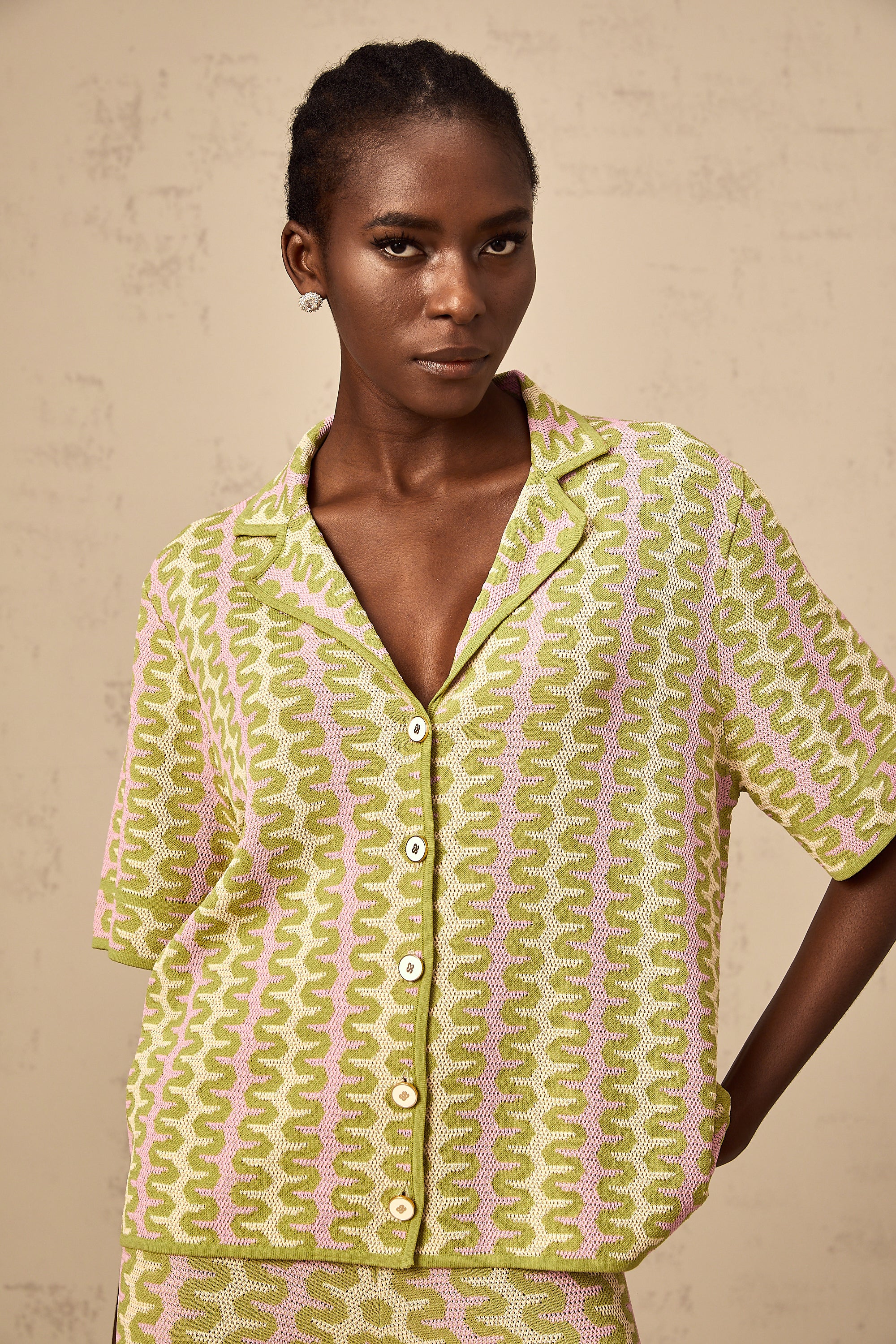 Ophélie green color-block knitted shirt & trousers matching set (Final Sale-US Only)