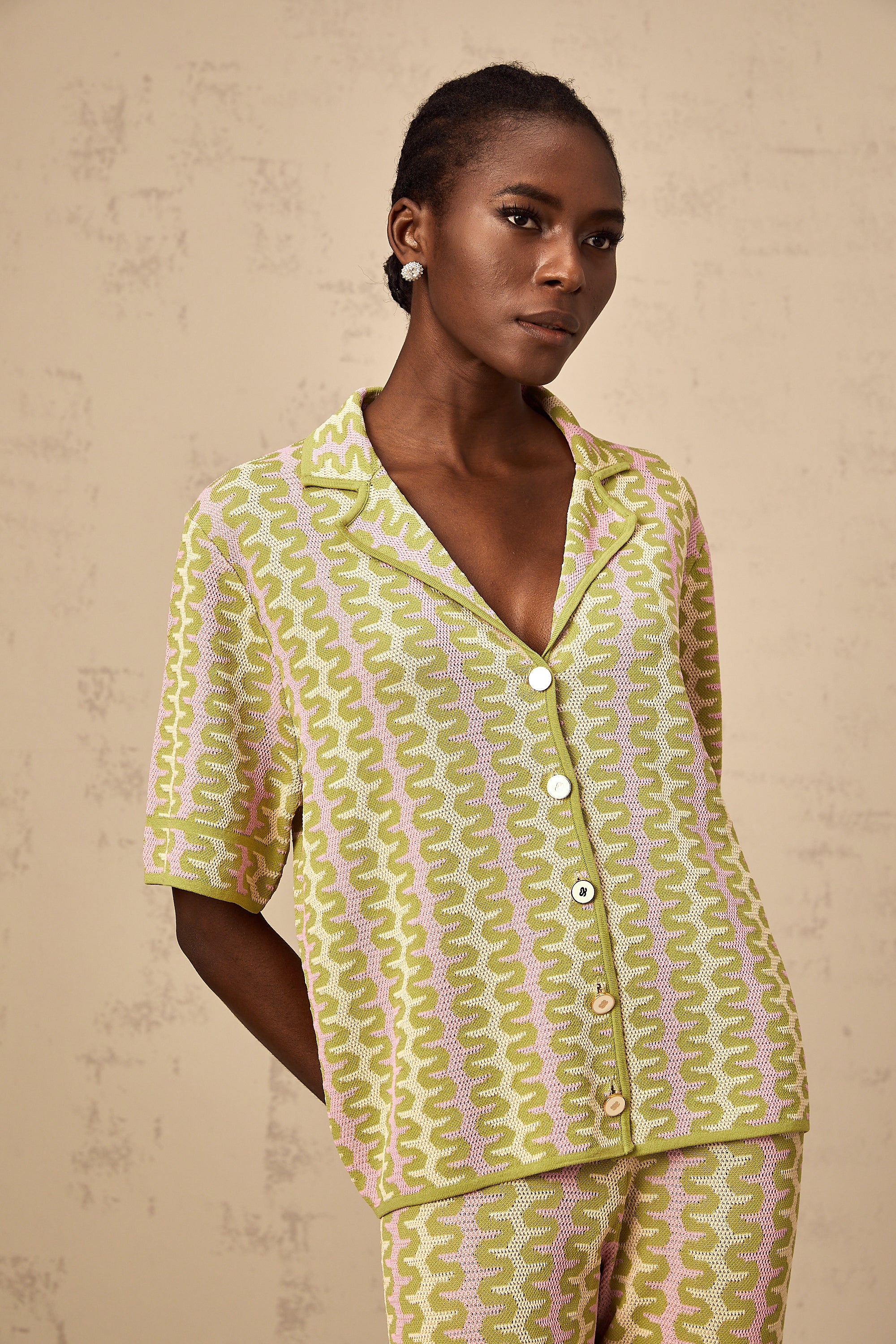 Ophélie green color-block knitted shirt & trousers matching set (Final Sale-US Only)