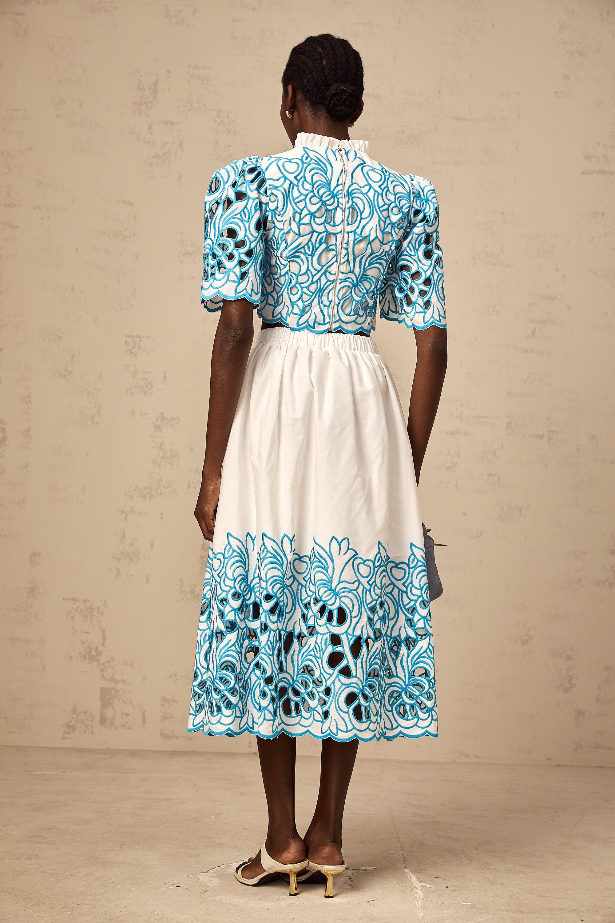 Aurore blue cut-out embroidered top & skirt matching set