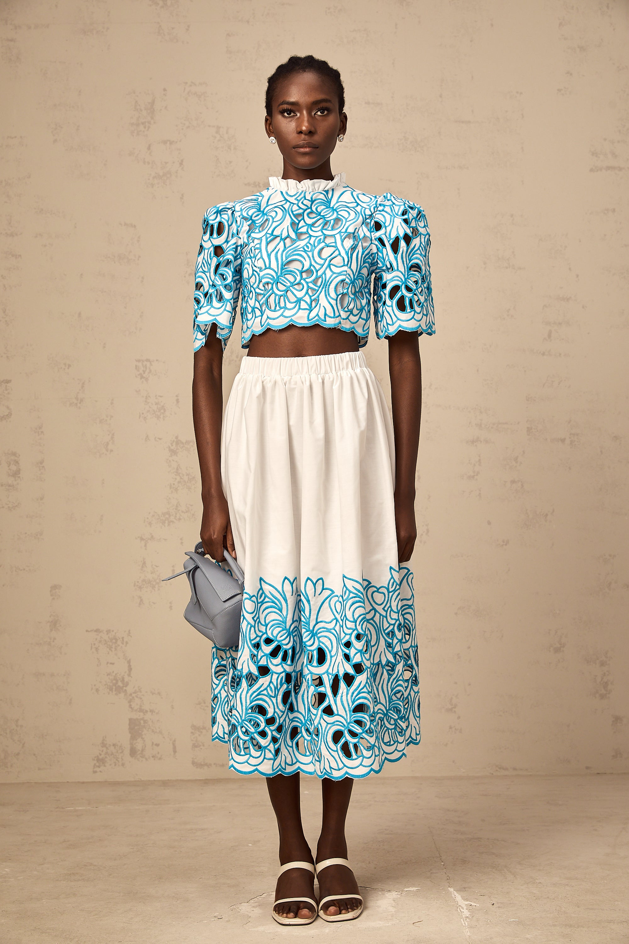 Aurore blue cut-out embroidered top & skirt matching set